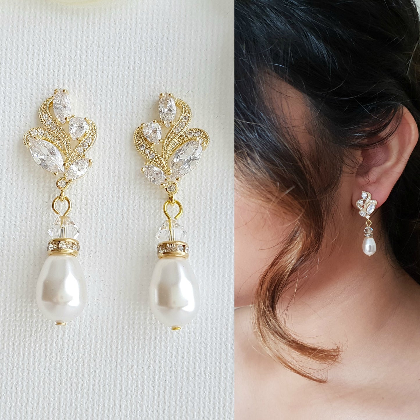 Parure de bijoux en perles de style vintage pour mariées en or rose ondulé