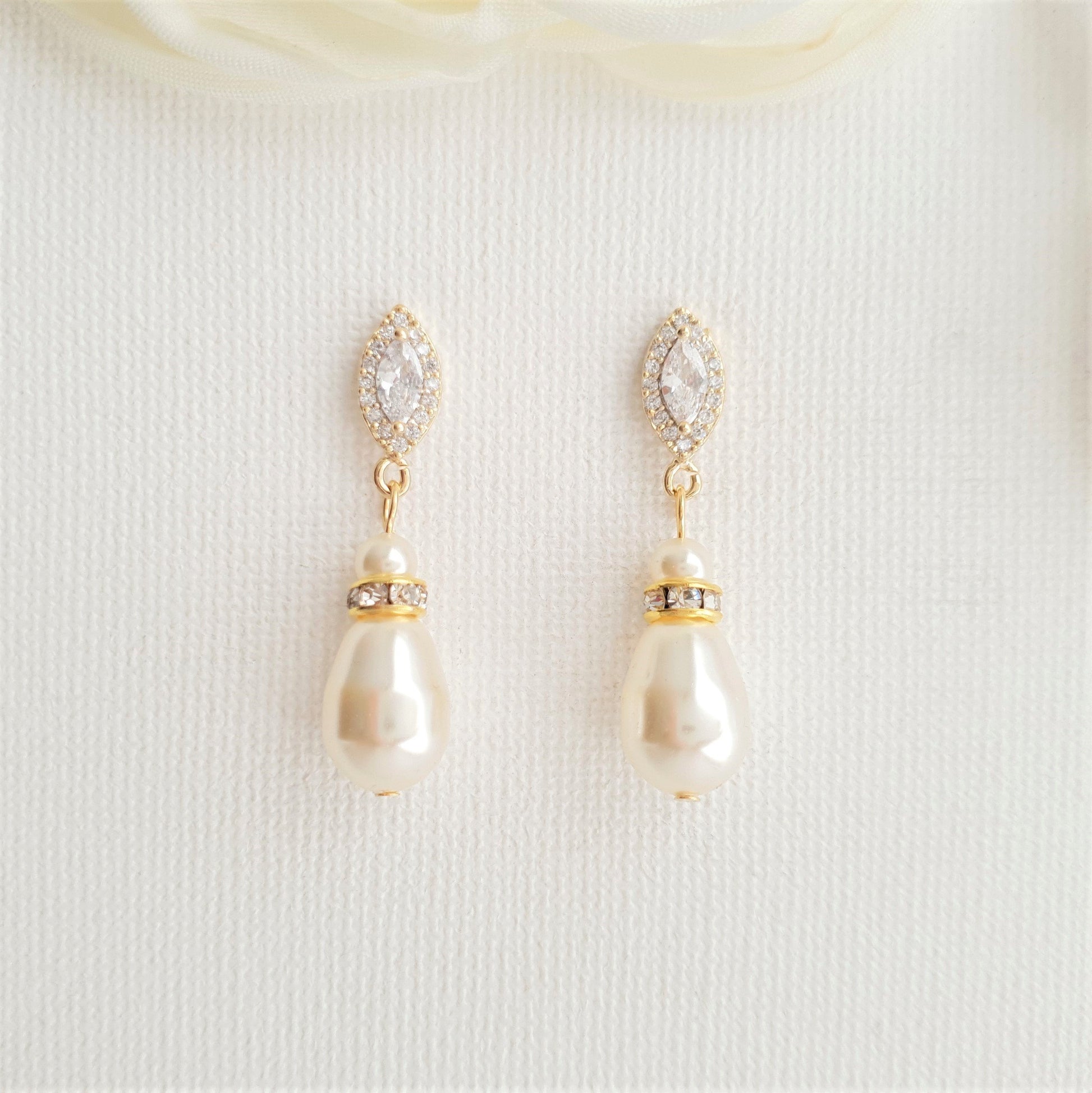 Gold Teardrop Pearl Earrings for Weddings with Cream or White