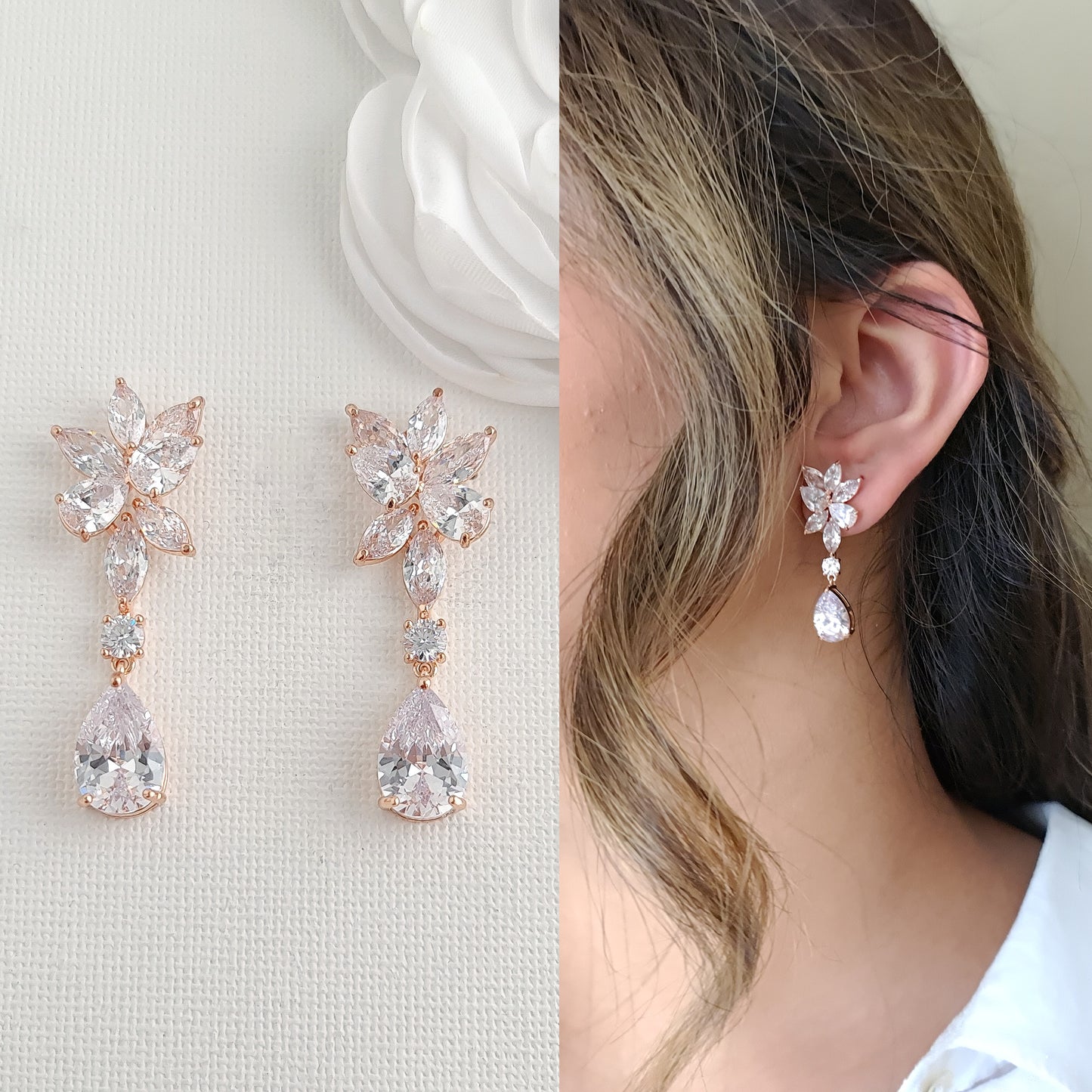 Floral and Teardrop Rose Gold Earrings For Brides-Ivy