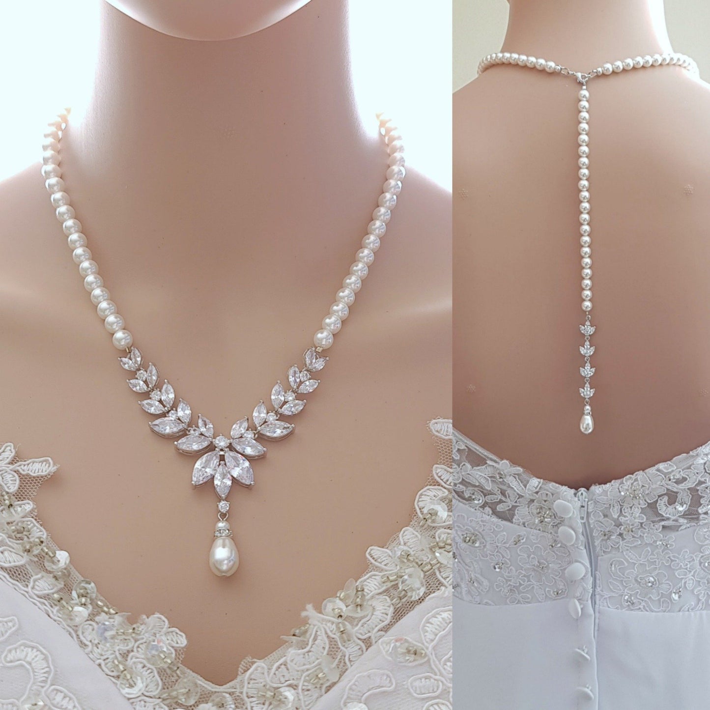 Pearl Bridal Jewelry Set, Silver Necklace with backdrop- Katie