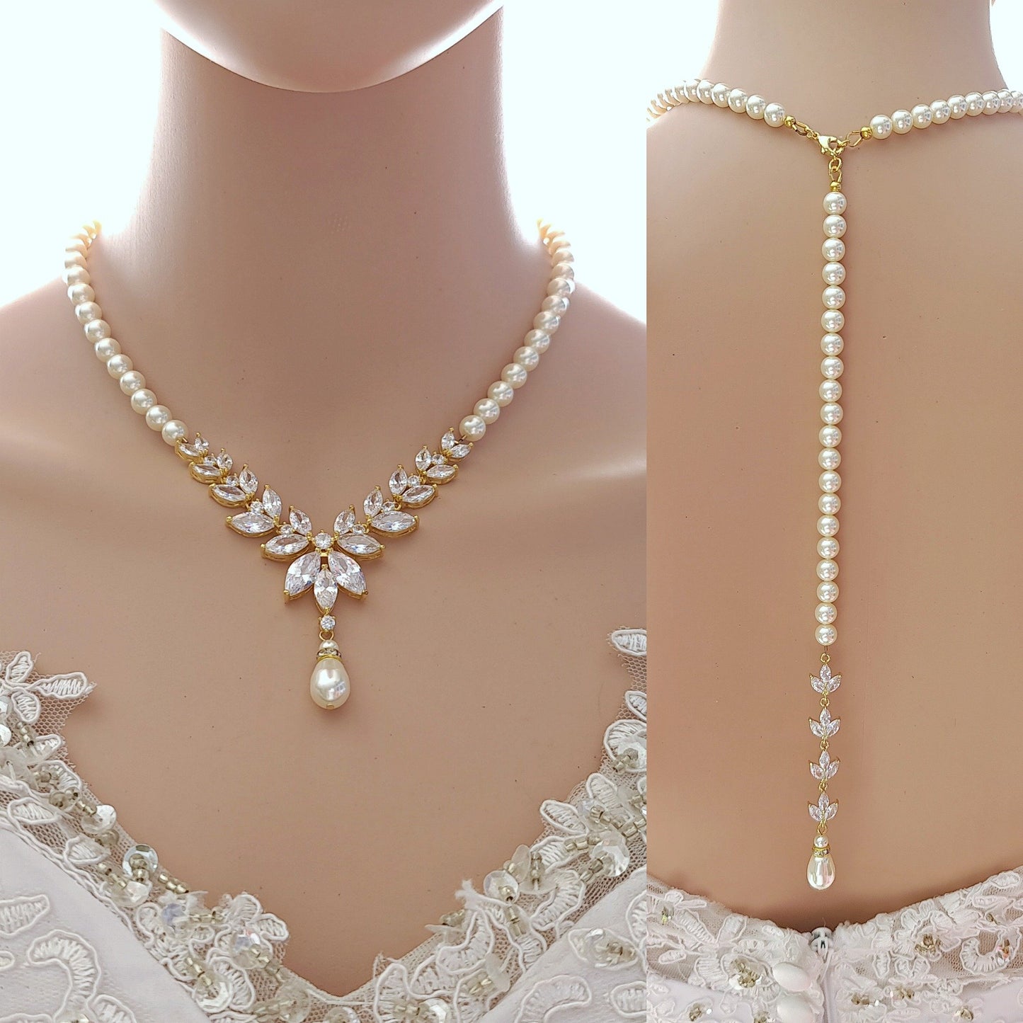 Rose Gold Back Necklace in Pearls With Separable Backdrops-Katie - PoetryDesigns