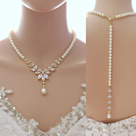 Pearl Strand & Crystal Gold Necklace for Wedding with Backdrop-Katie - PoetryDesigns