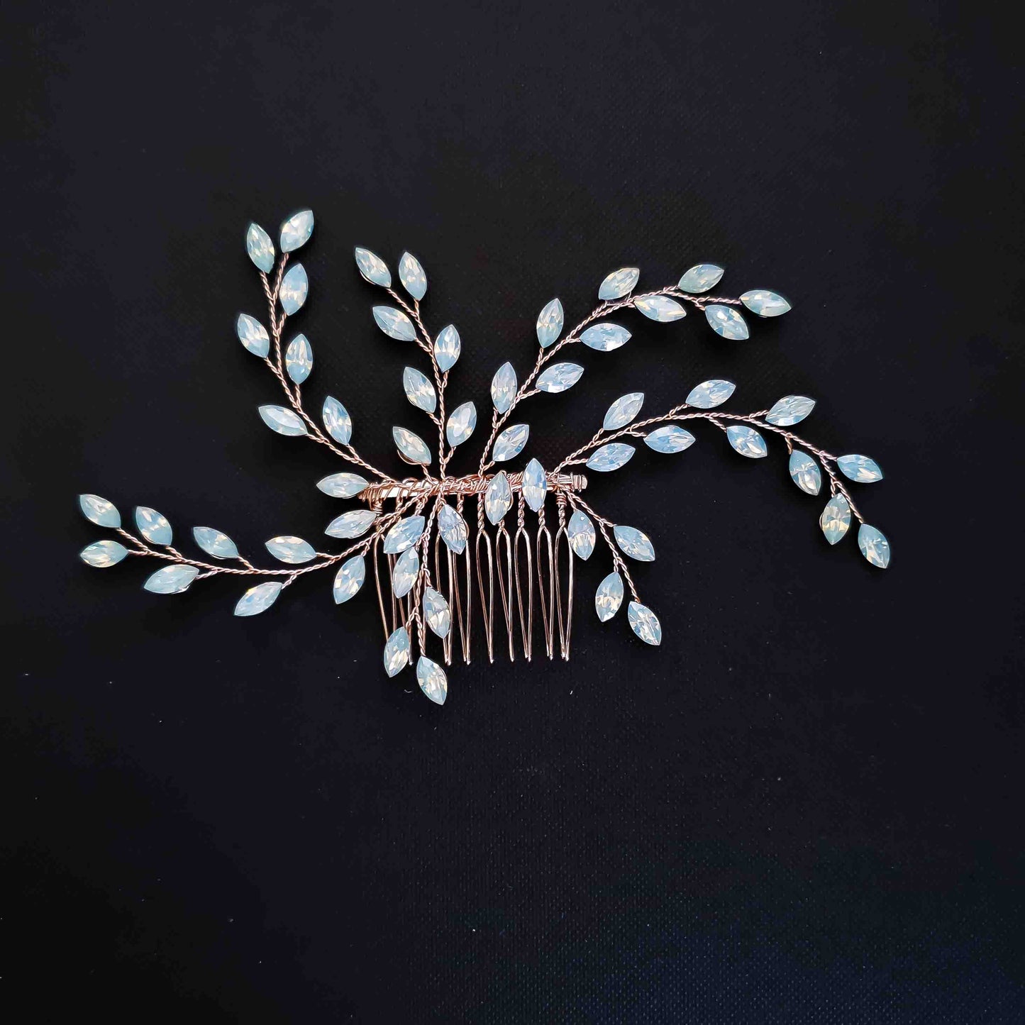Simple Rose Gold Hair Comb with Blue Opal Crystals-Laura