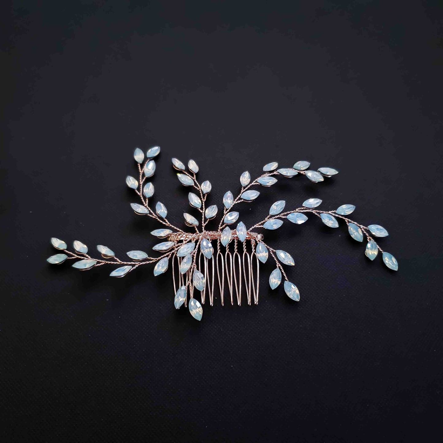 Simple Rose Gold Hair Comb with Blue Opal Crystals-Laura
