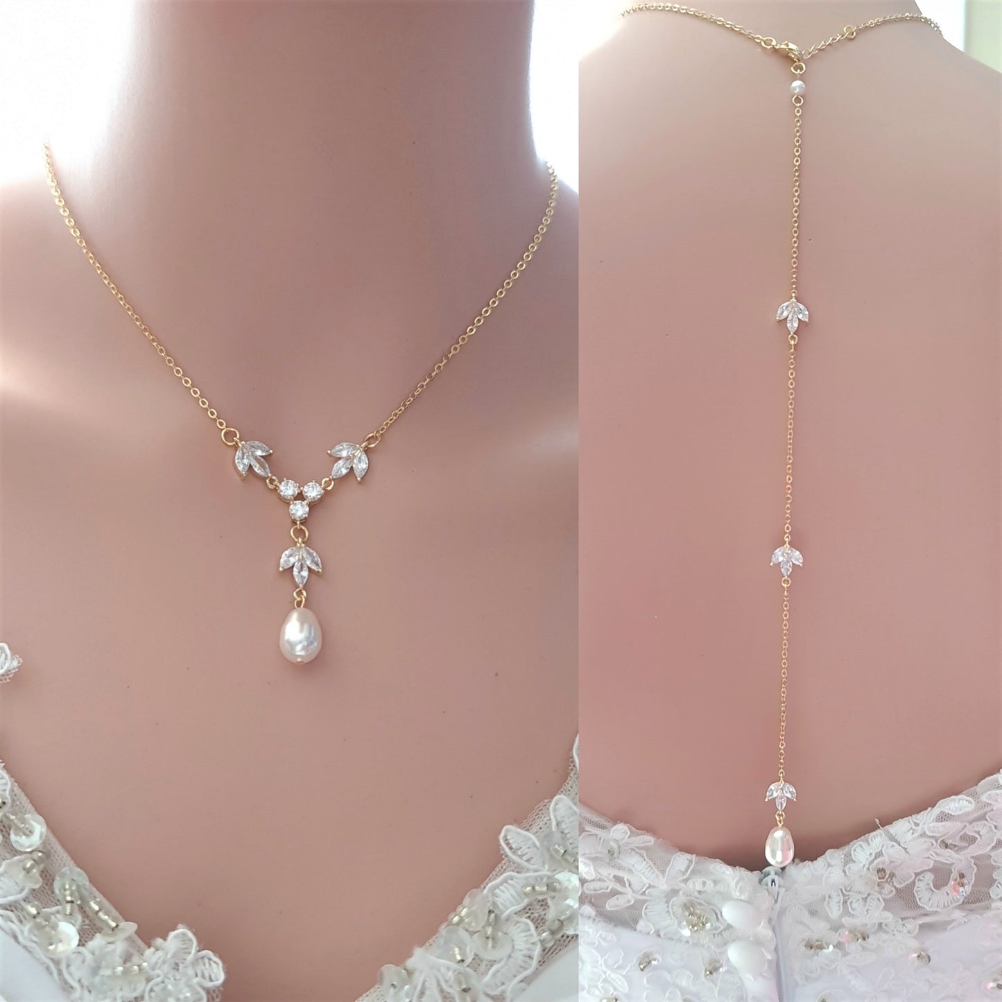Simple Gold Back Drop Bridal Necklace with Pearl Crystal-Leila