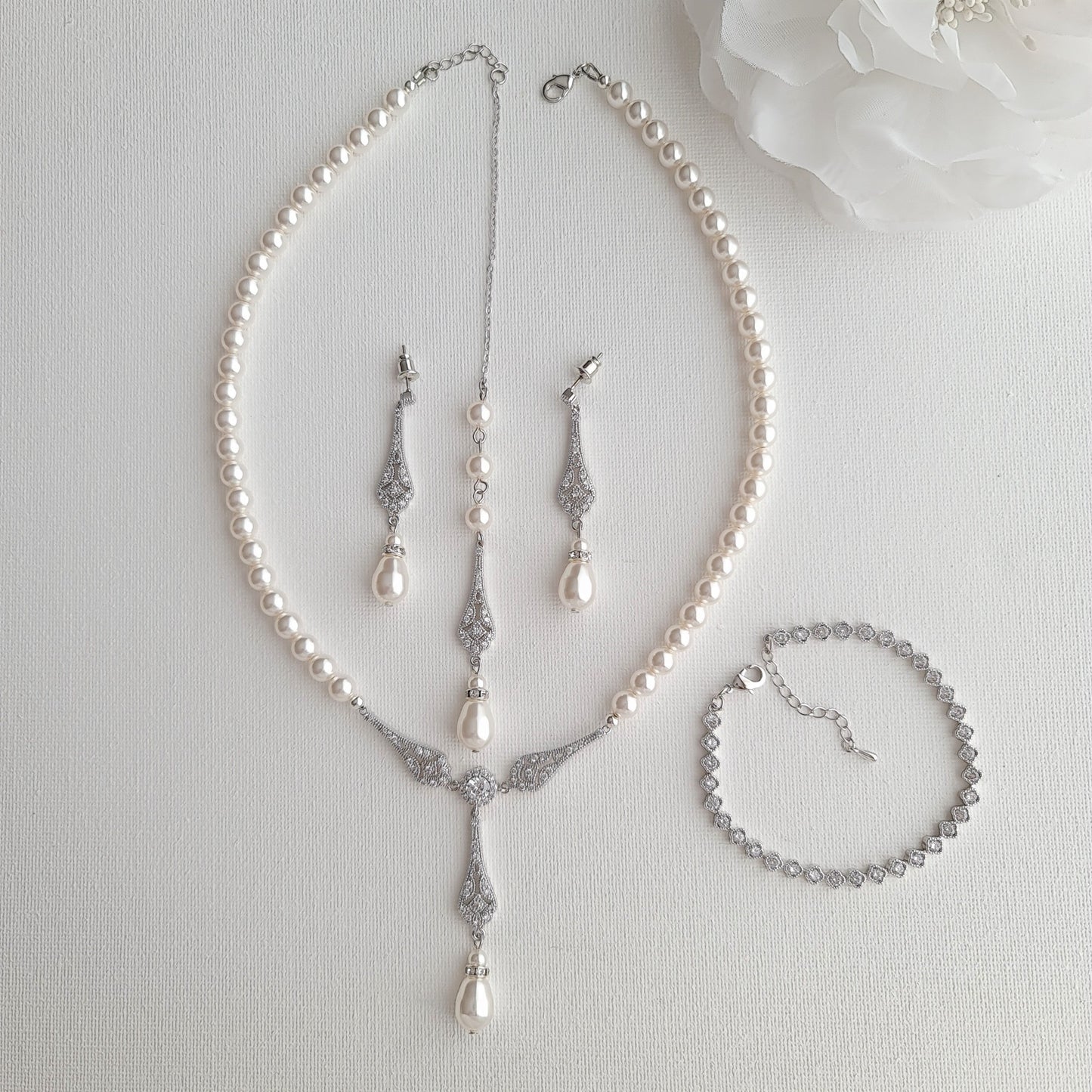 Ensemble collier et boucles d'oreilles en perles d'or avec bracelet pour mariage-Lisa