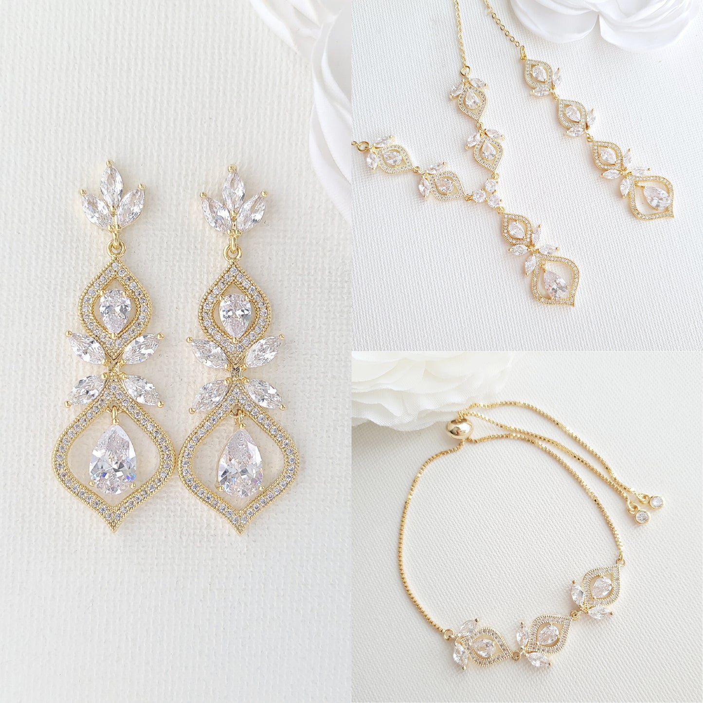 Ensemble de bijoux de dos de mariée en or rose avec boucles d'oreilles pendantes Bracelet coulissant Collier de toile de fond - Meghan