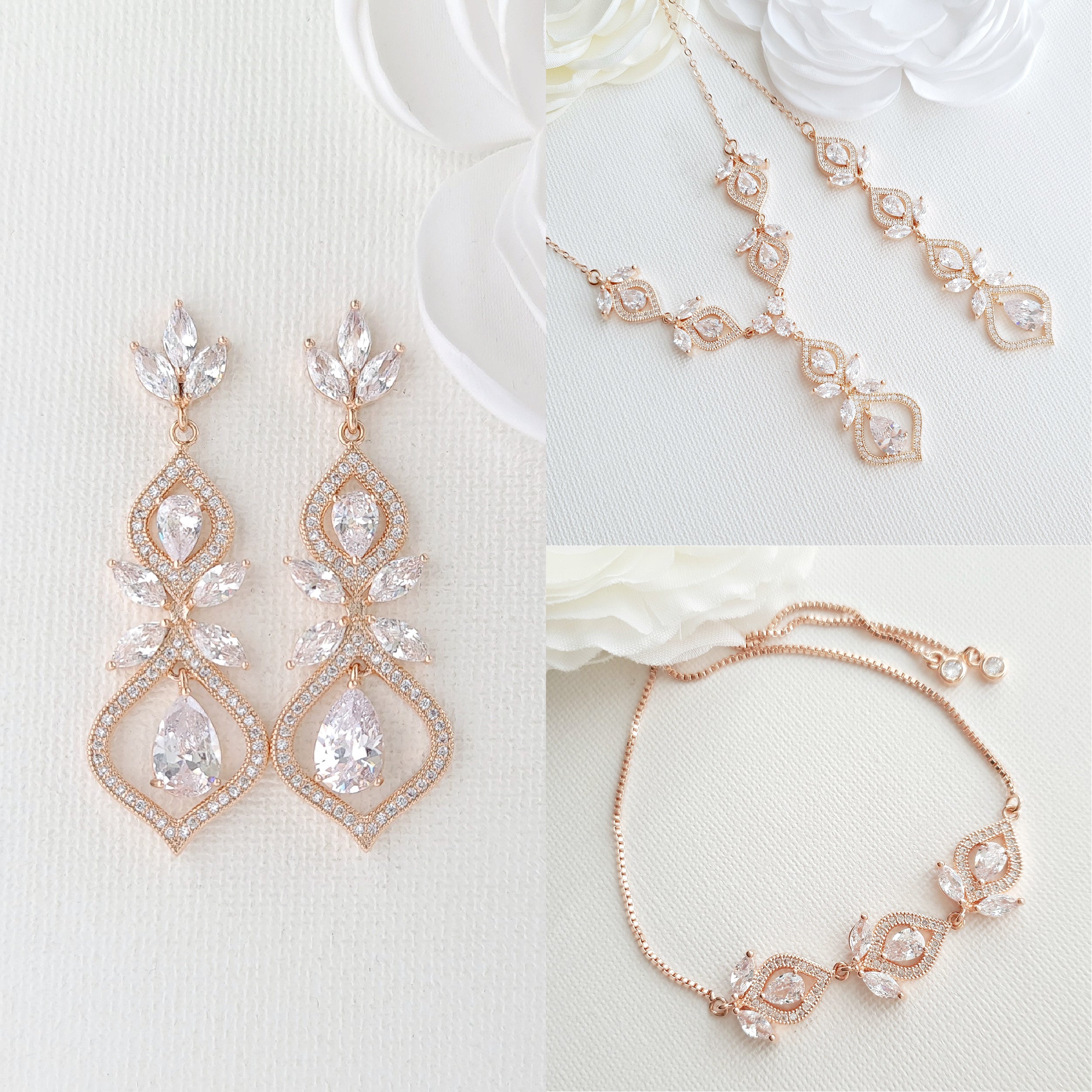 Rose 2024 Gold Bridal Jewelry SET, Backdrop Bridal Necklace