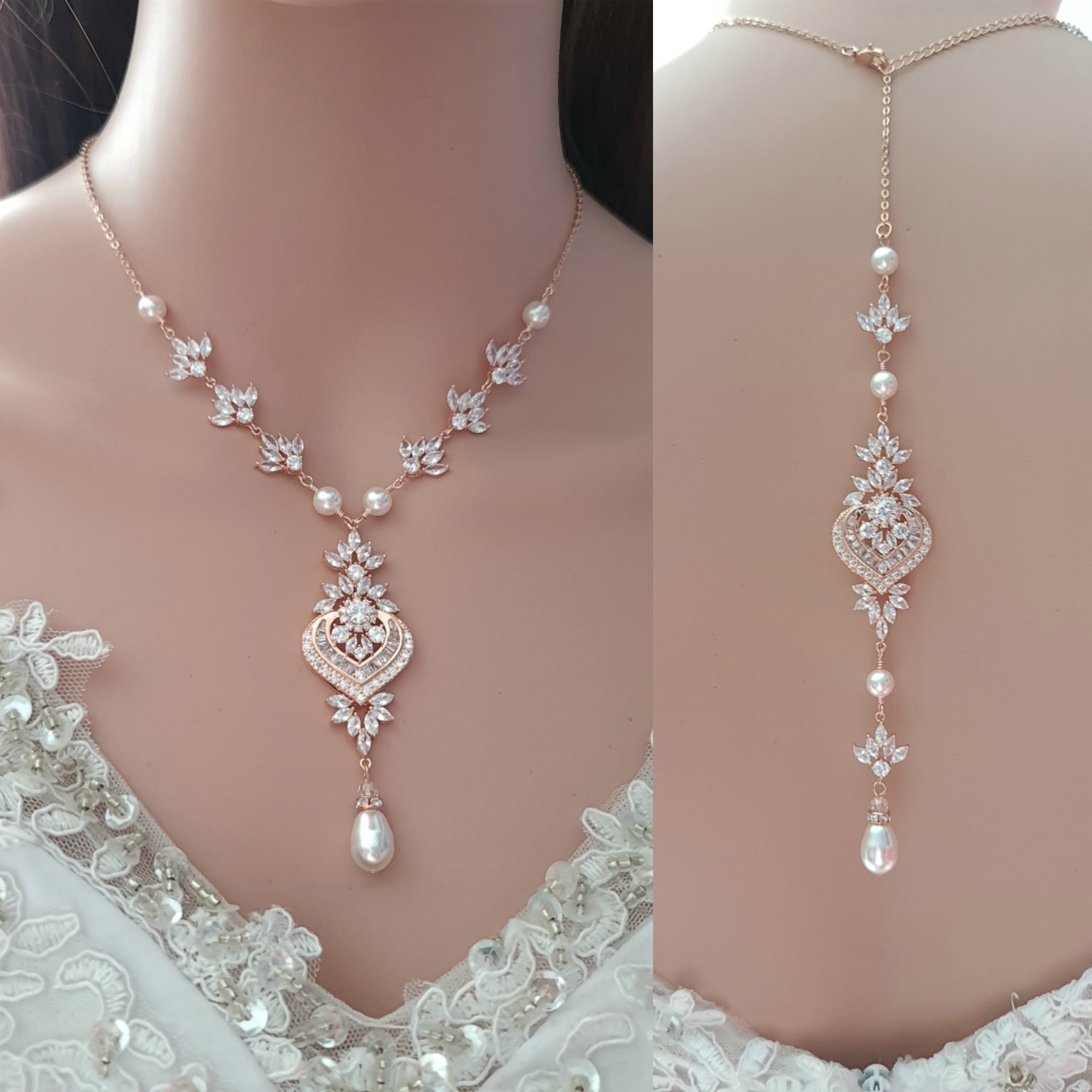 Rose Gold Bridal Backdrop Necklace- Adorn A Bride-Wholesale Wedding Jewelry