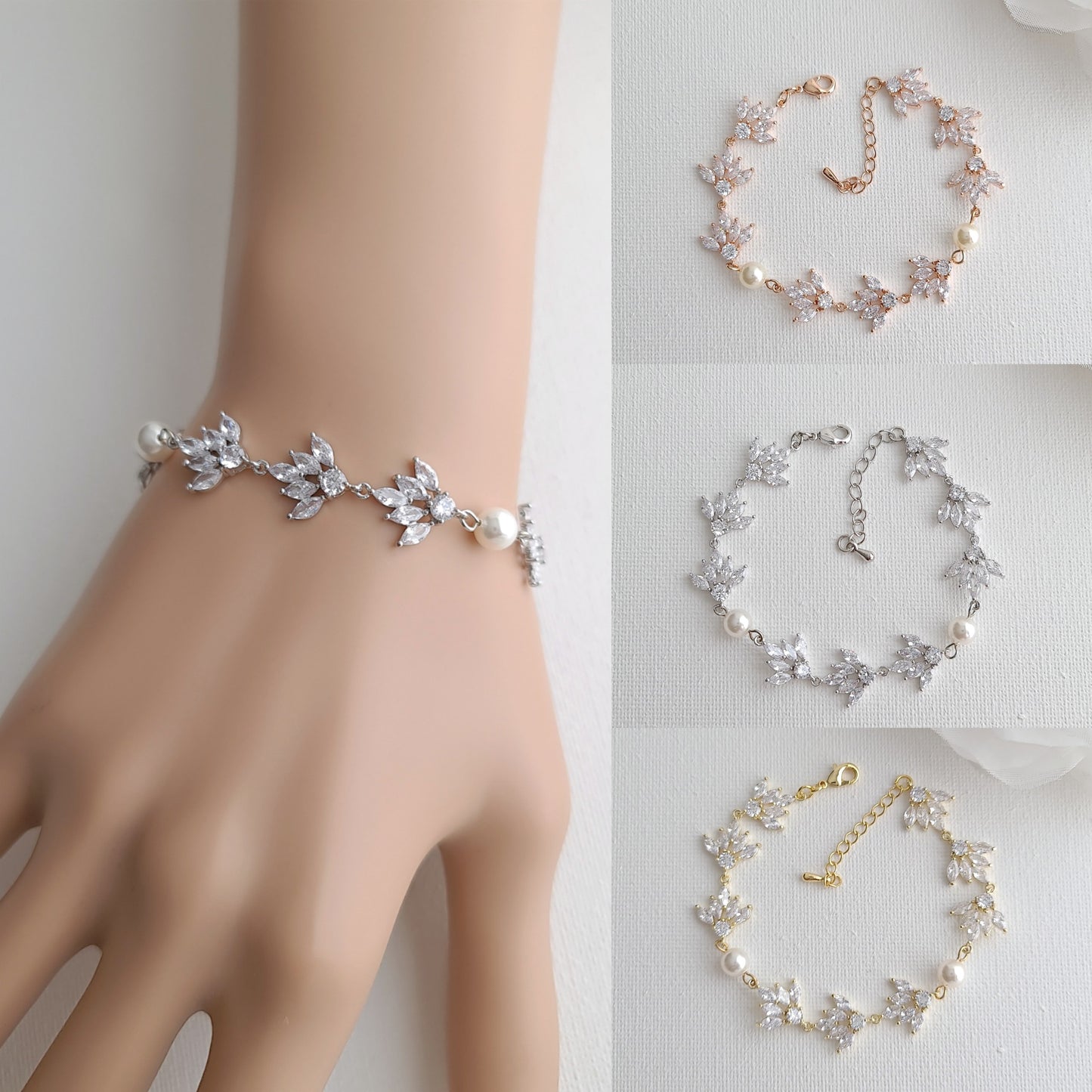 Bracelet de mariée en argent avec oxyde de zirconium et perles-Rosa