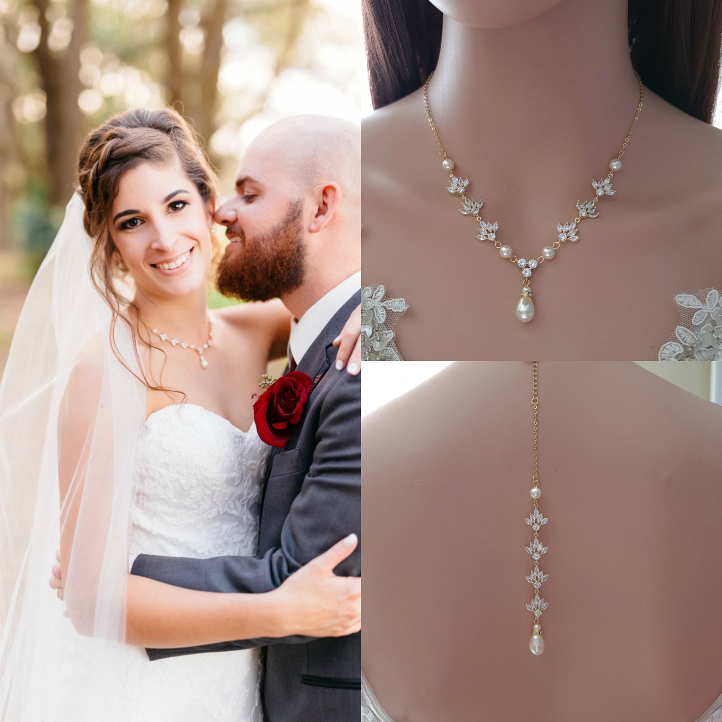 Collier de mariage en perles et cristaux avec toile de fond pour mariée-Rosa