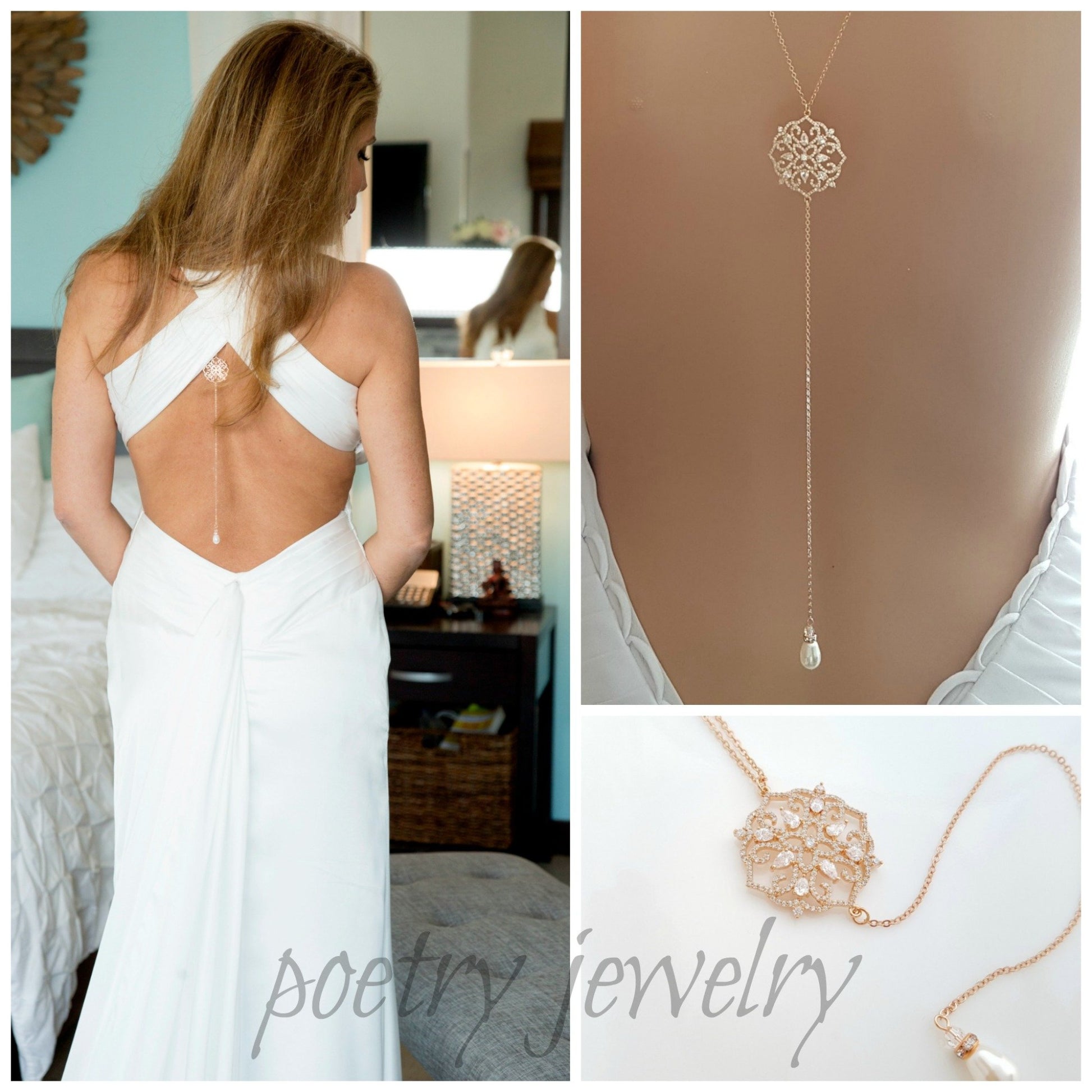 Long Back Necklace for Wedding, Prom, Event Backless Dresses-Sadie - Silver / White/Ivory Long Back Necklace for Wedding, Prom, Event Backless Dresses-Sadie - Silver / White/Ivory