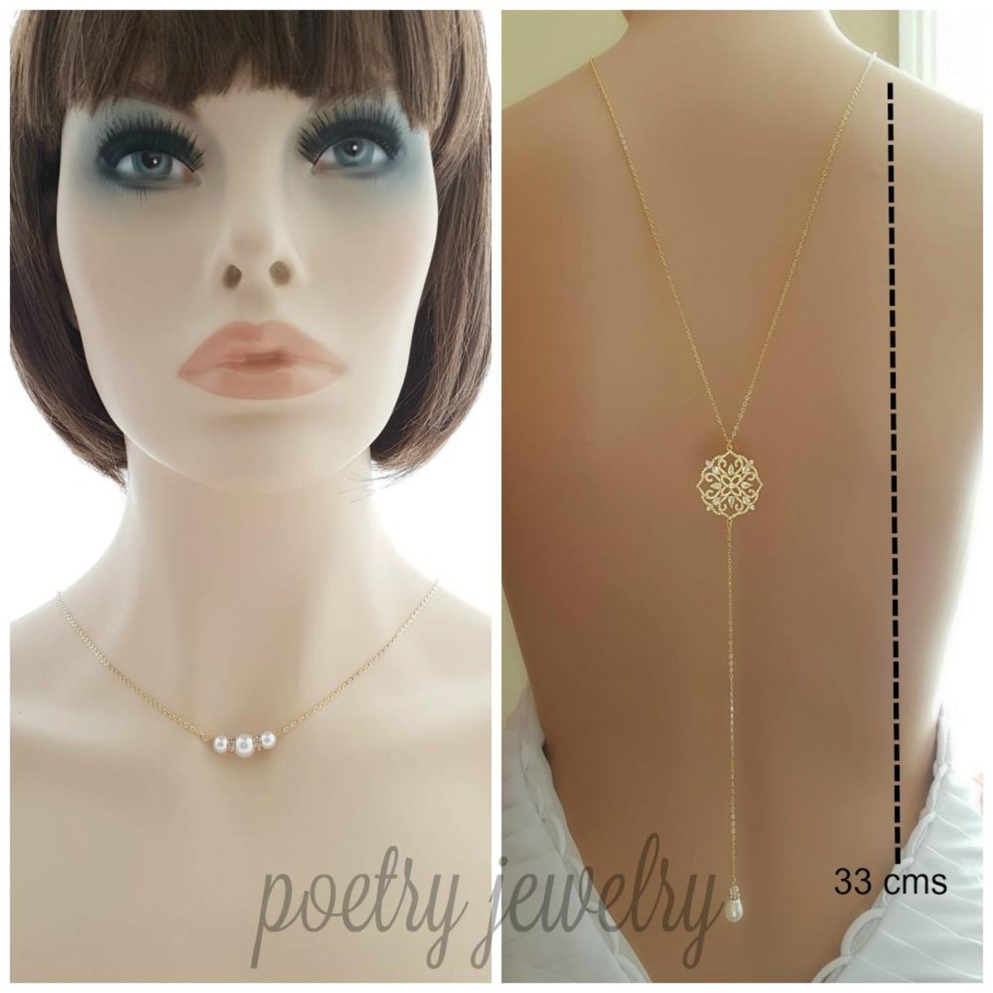 Long Back Necklace for Wedding, Prom, Event Backless Dresses in 14K Gold-Poetry Designs