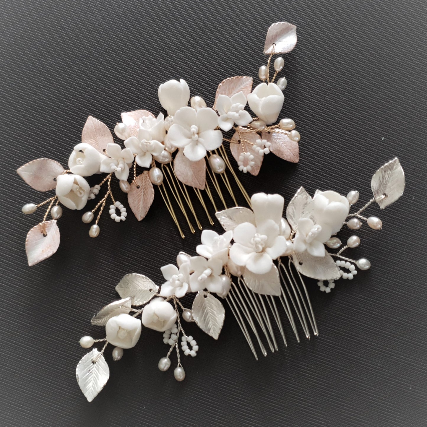 Small Flower Rose Gold Leaf Hair Comb- Fairy