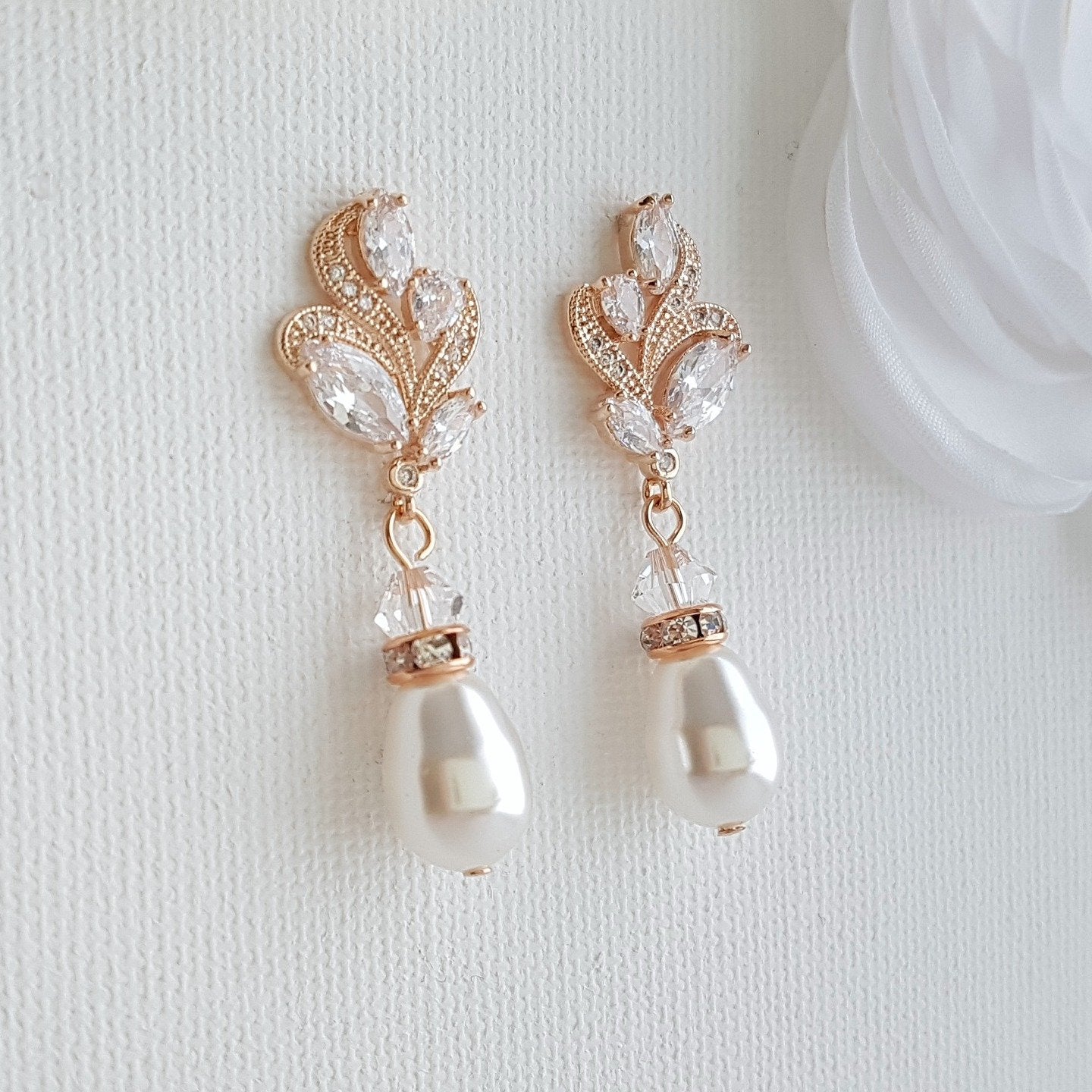 Gold Bridal Earrings With Pearl Drops-Wavy - PoetryDesigns