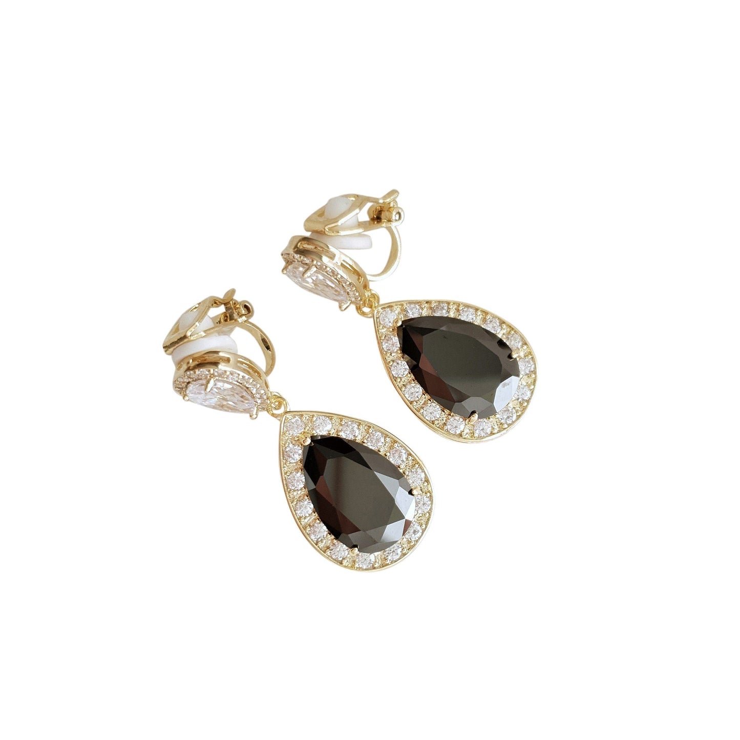 Cubic Zirconia Teardrop Clip On Earrings in Black & Gold- Zoe - PoetryDesigns