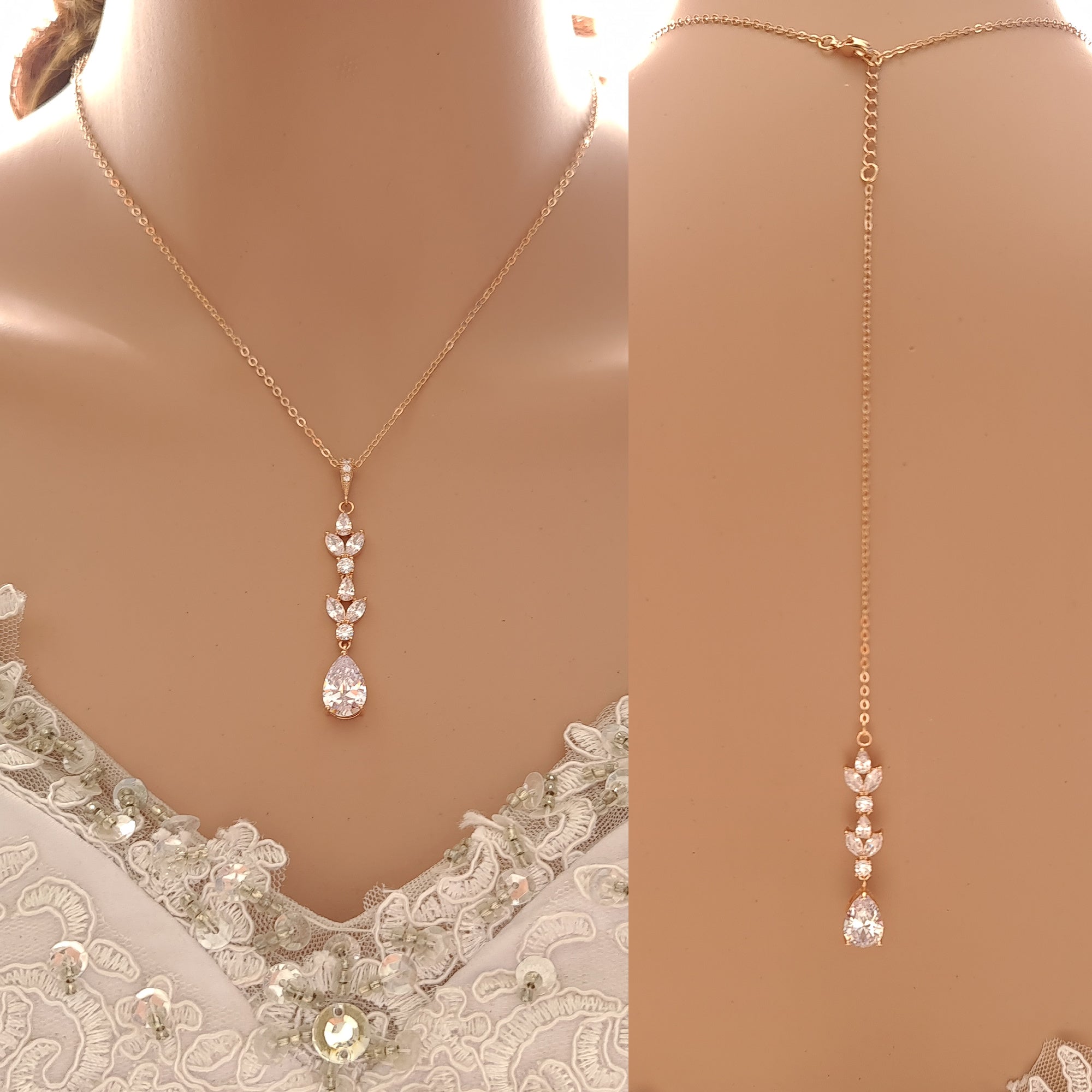 Wedding Jewelry - Cubic Zirconia Bridal Backdrop Necklace and Earrings Set  | ADORA by Simona