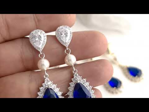 Sapphire Blue Drop Earrings Rose Gold- Poetry Designs