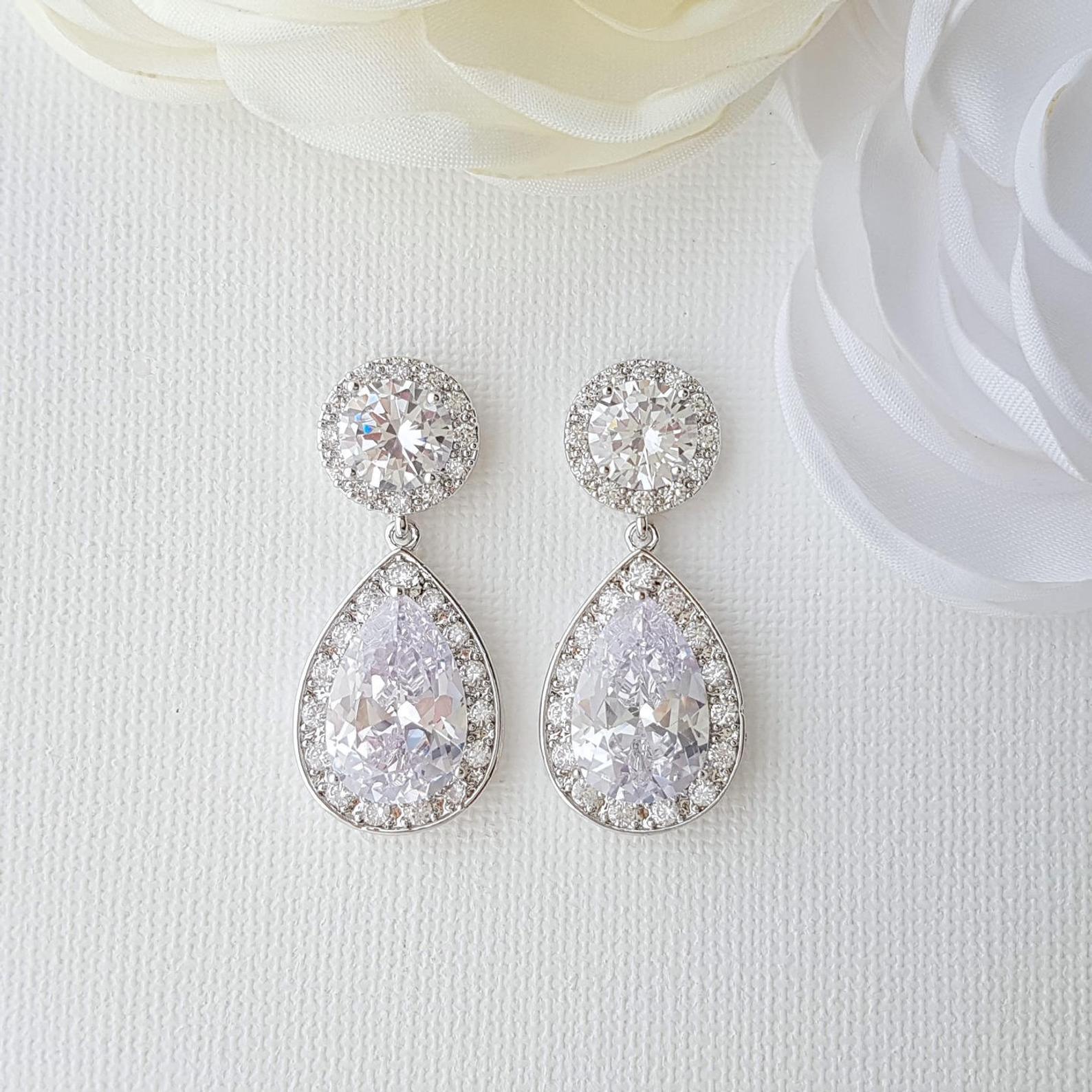 Silver & Cubic Zirconia Drop Earrings for Weddings and Formal- Poetry Designs