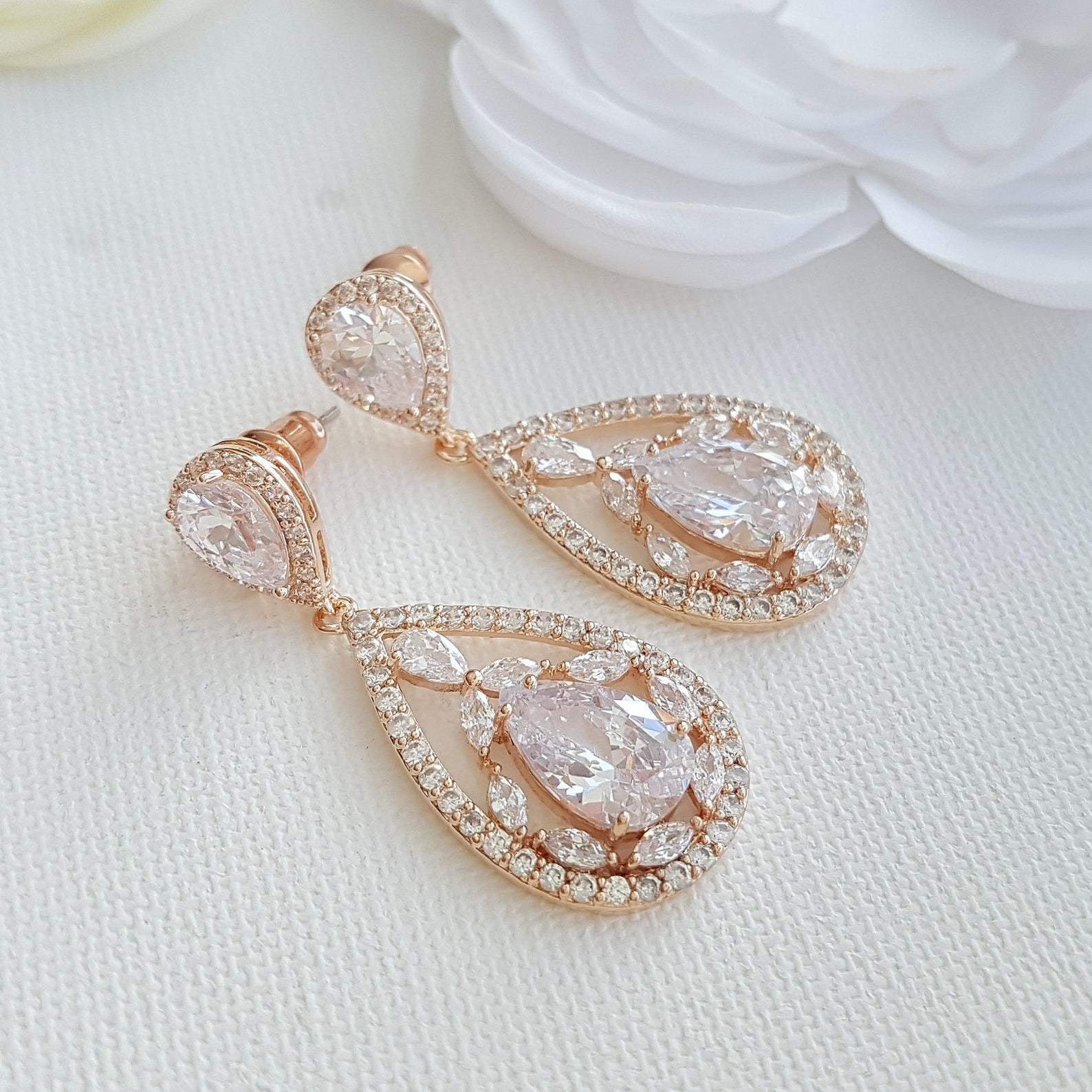 Rose gold Plated Drop Earrings for Brides-Esther - PoetryDesigns