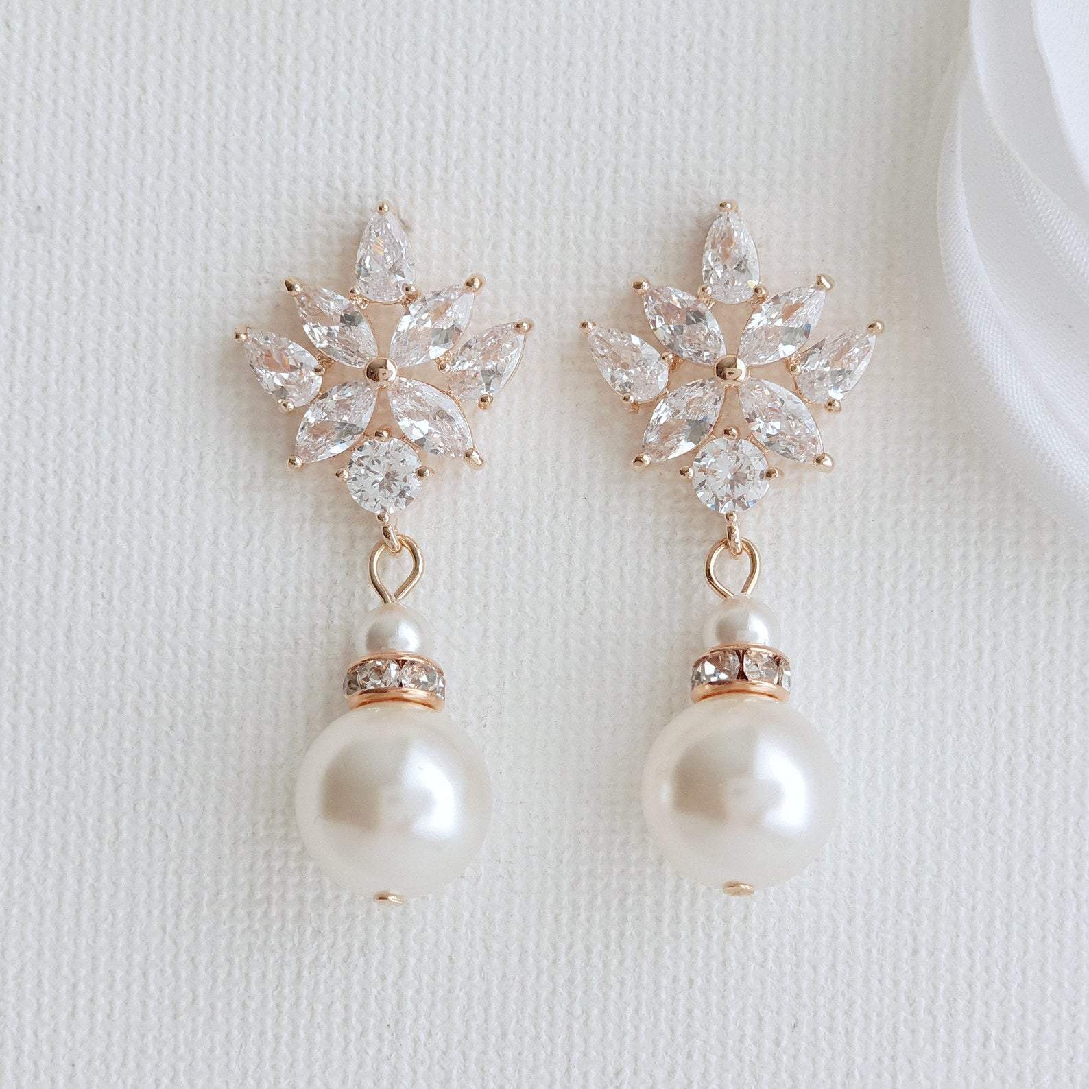Wedding Drop Earrings in Rose Gold & Round Pearls- Rosa - PoetryDesigns