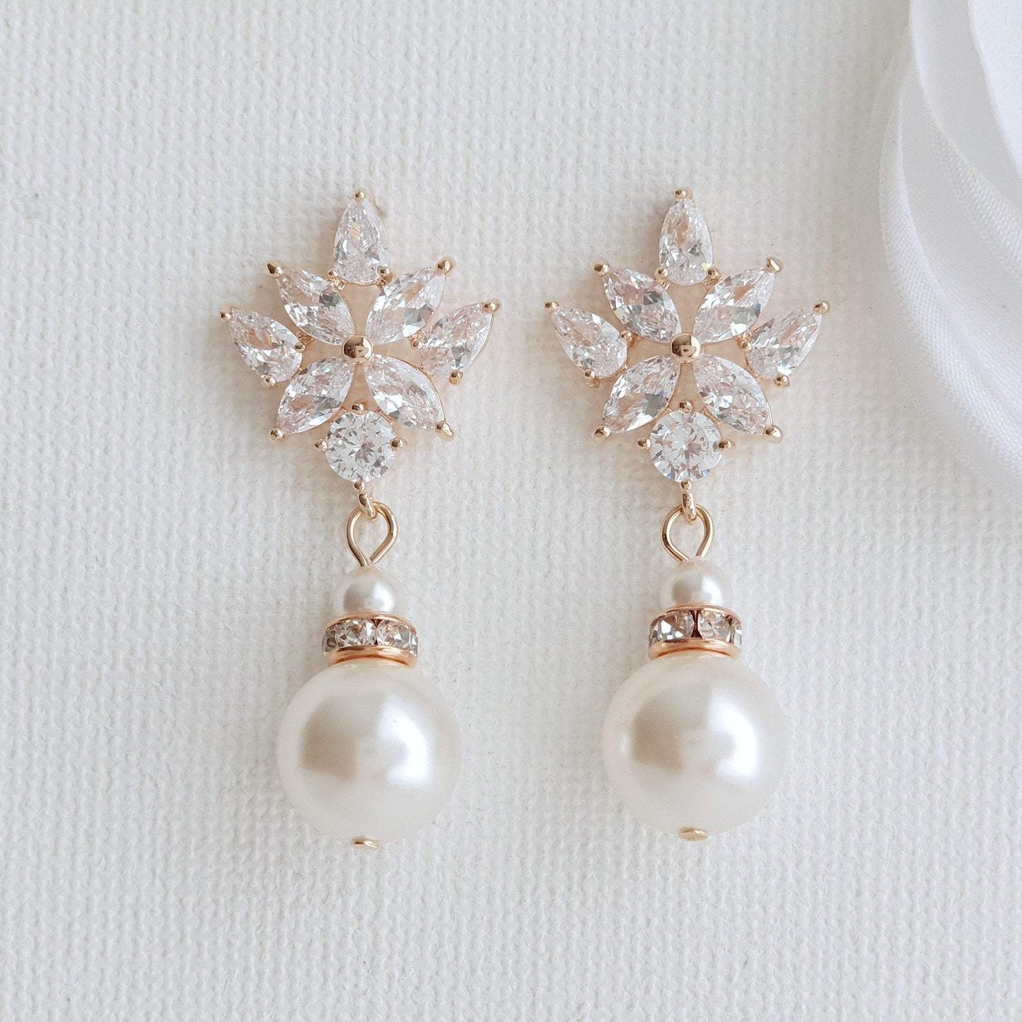 Bridal Earrings with Round Pearl Drops in Silver- Rosa - PoetryDesigns