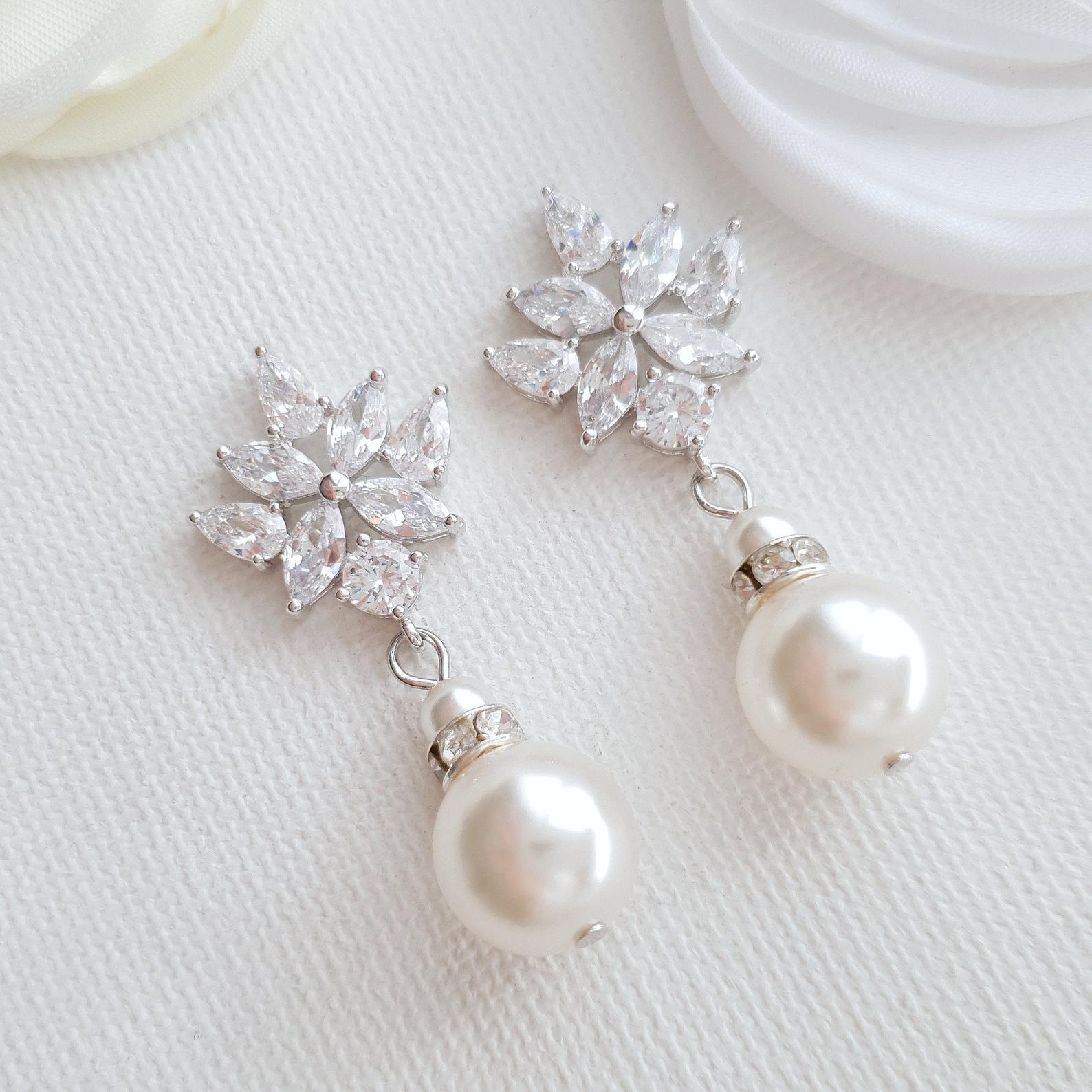 Bridal Drop Earrings Gold With Round Pearls- Rosa - PoetryDesigns