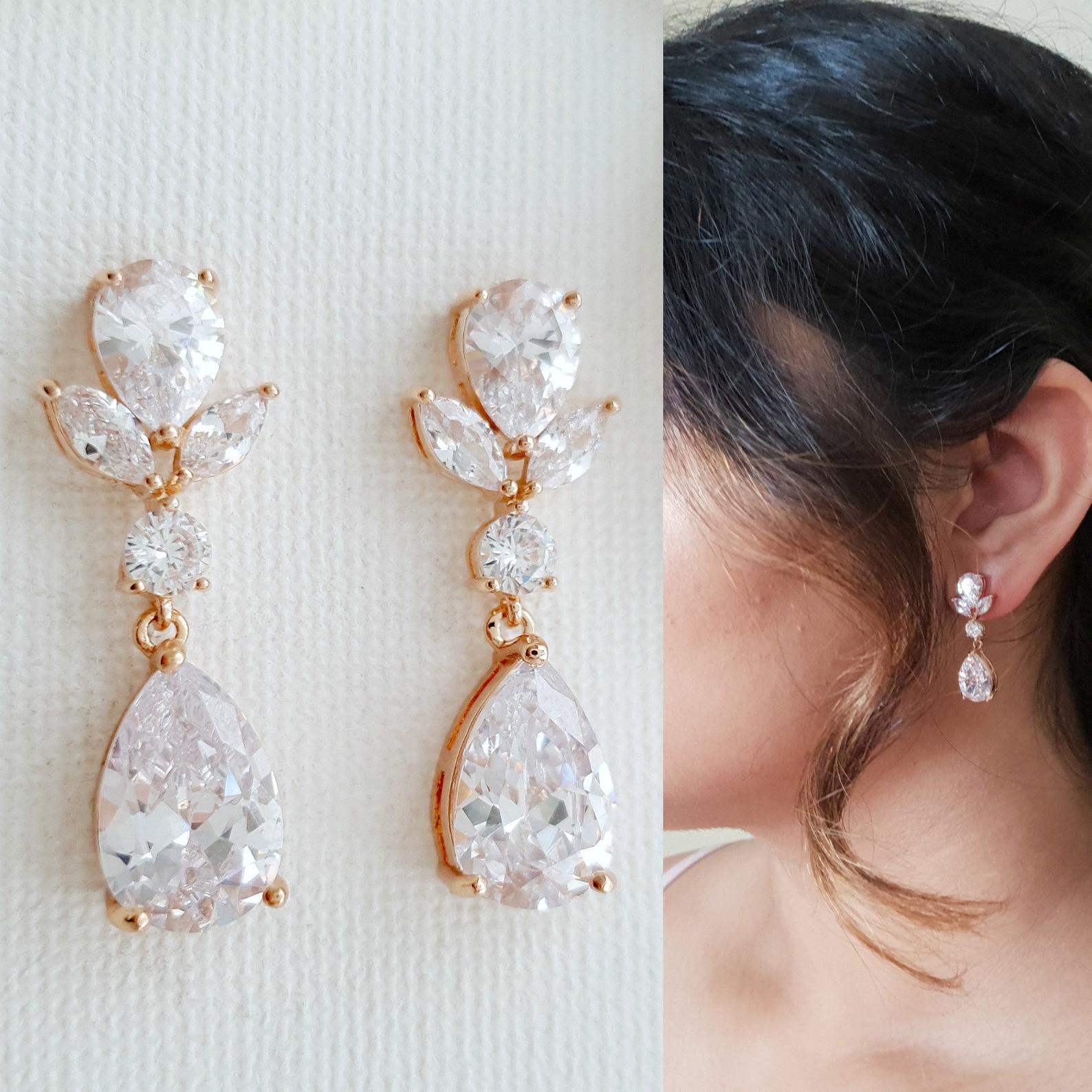 Jodie, Crystal & Gold Teardrop Earrings - Jules Bridal Jewellery USA