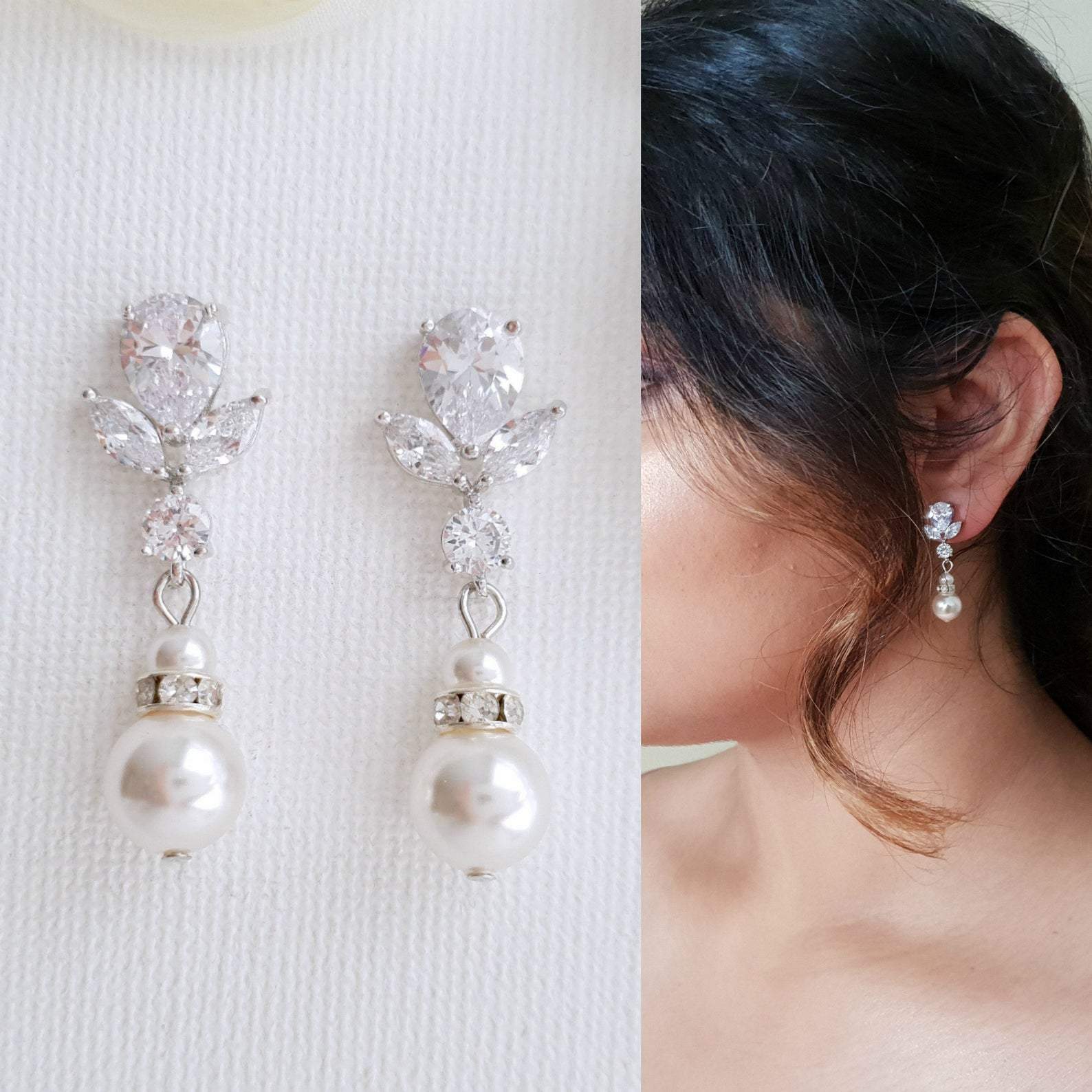Bridal Earrings in Rose Gold and Pearl Drops-Nicole - PoetryDesigns