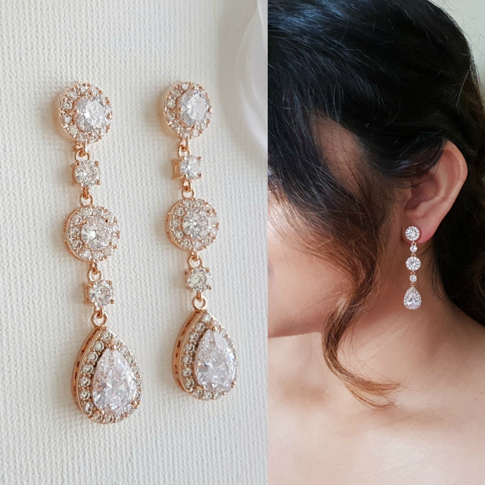 Long Rose gold Bridal Earrings In Cubic zirconia