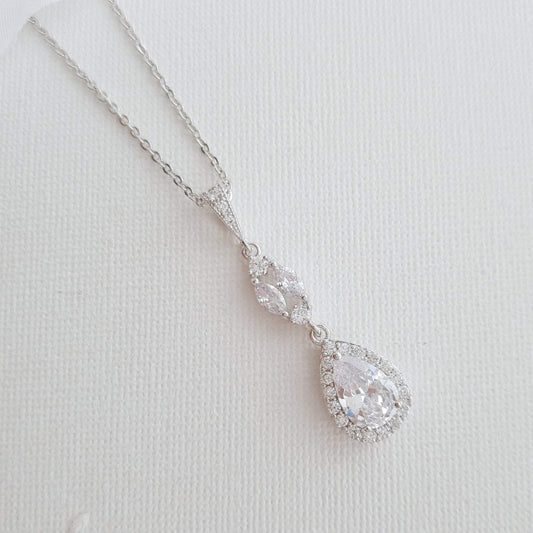 CZ Drop Pendant Necklace in Silver for Bridesmaids & Brides-Hayley - PoetryDesigns