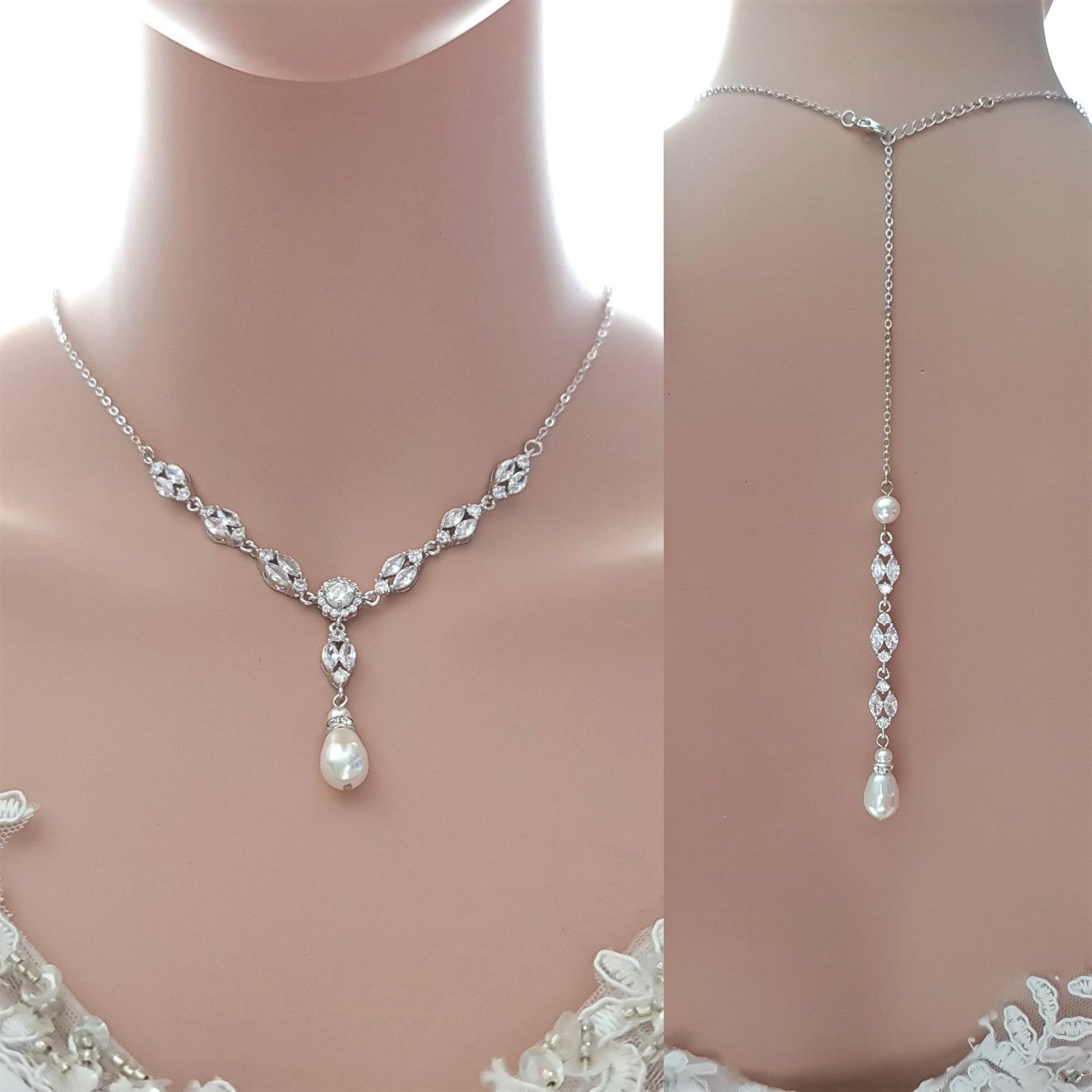Bridal Back Necklace with Pearl & Crystal Backdrop for Weddings- Hayley - PoetryDesigns