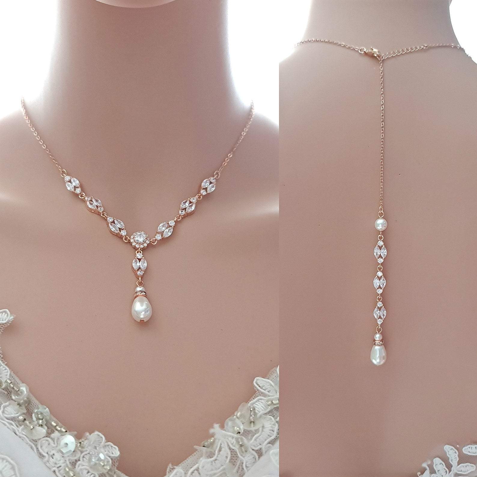 Rose Gold Back Jewelry Set with Necklace Bracelet Earrings for Weddings-Hayley - PoetryDesigns