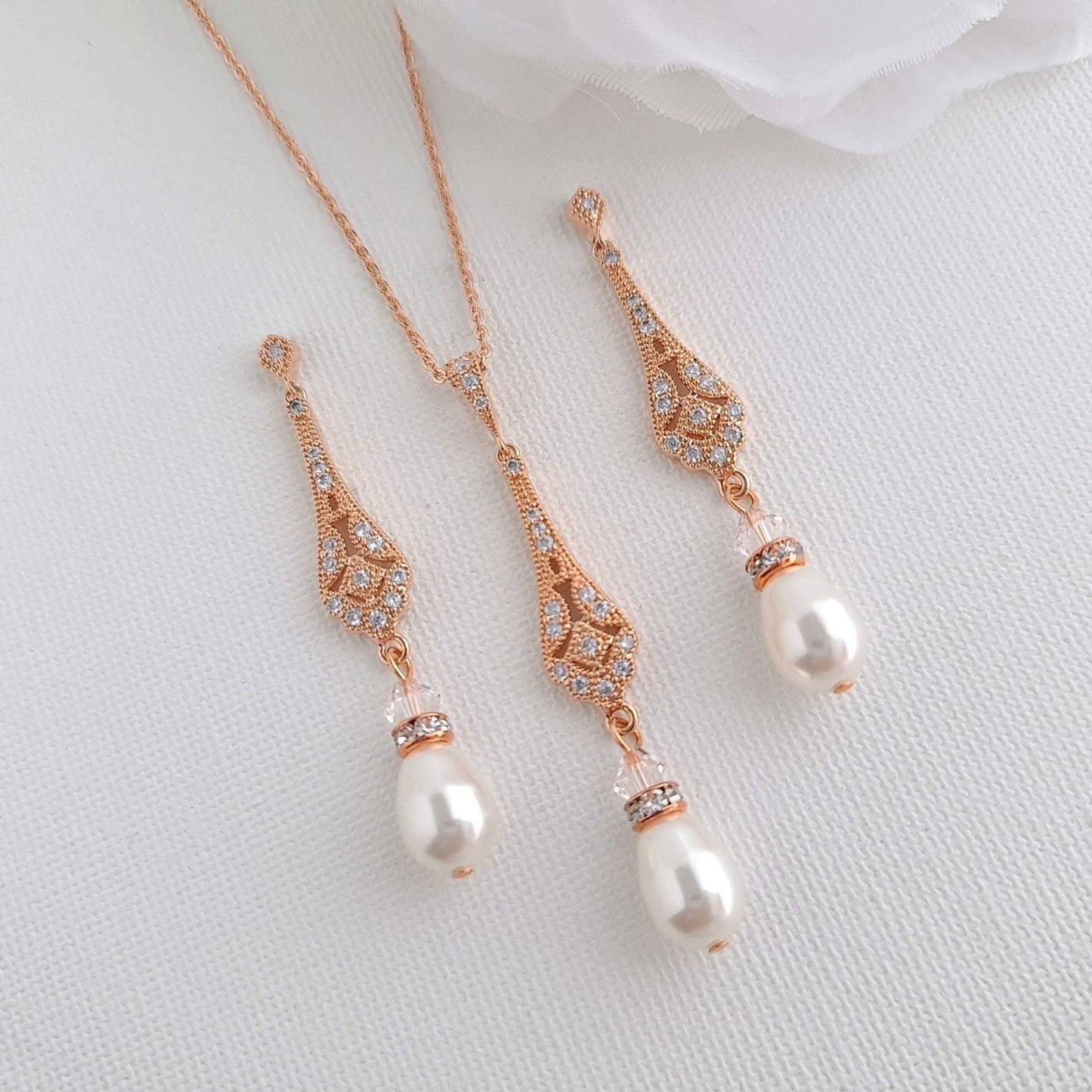 Vintage Necklace Earring Set in Rose Gold- Lisa - PoetryDesigns