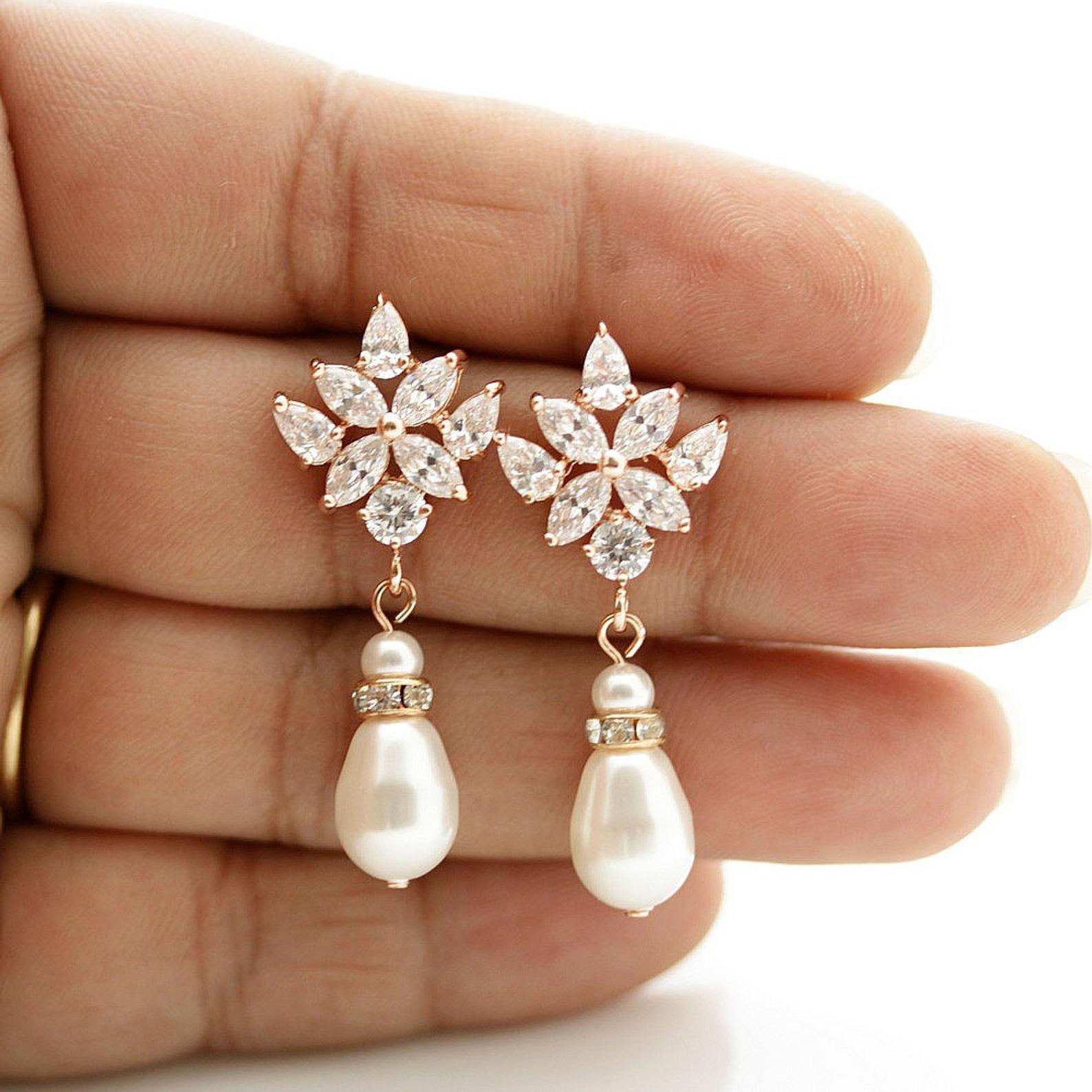 Crystal Bridal Earrings Pearl Drop Earrings Rose Gold GOLD 