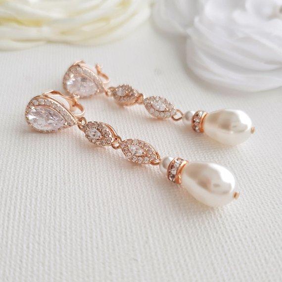 Wedding Clip On Earrings in Rose Gold-Abby - PoetryDesigns