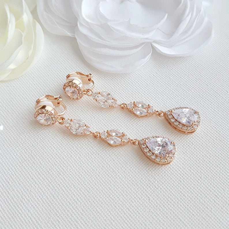 Long Rose Gold Clip On Wedding Earrings- Hayley