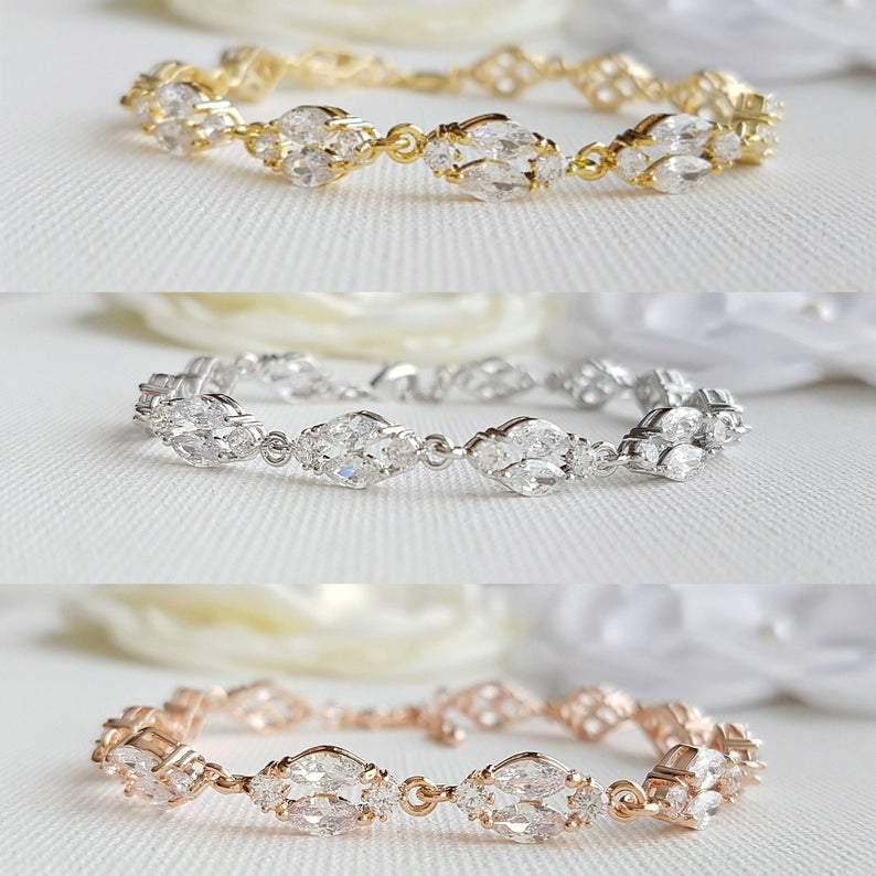 Gold Crystal Wedding Bracelet in Marquis Tennis Bracelet Style-Hayley - PoetryDesigns