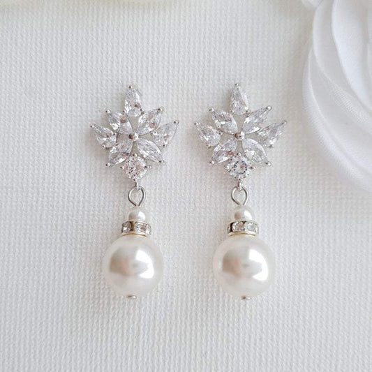 Bridal Earrings with Round Pearl Drops in Silver- Rosa - PoetryDesigns