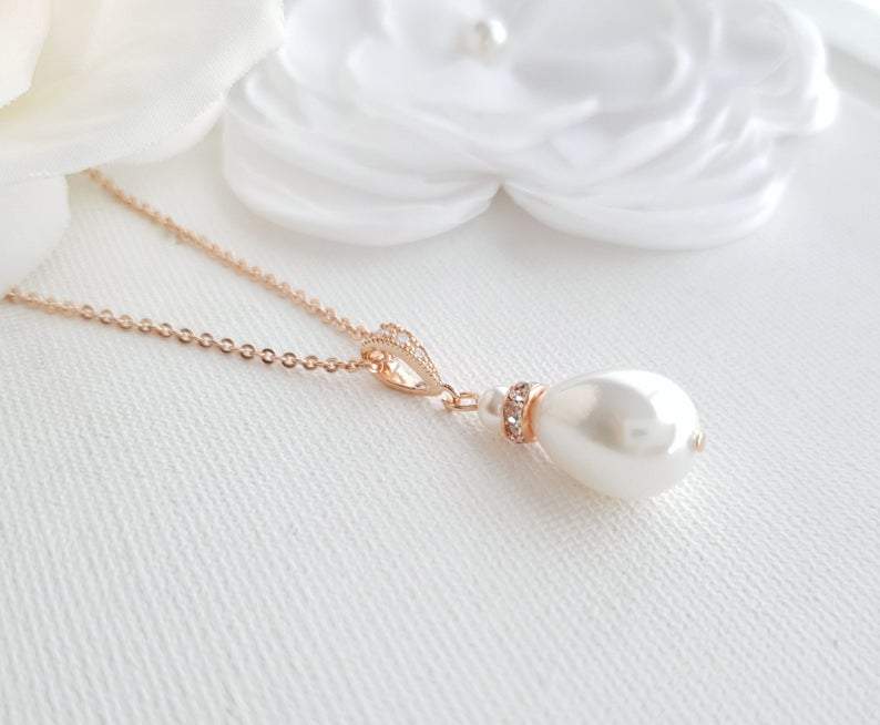 Rose gold pearl teardrop necklace- Poetry Designs