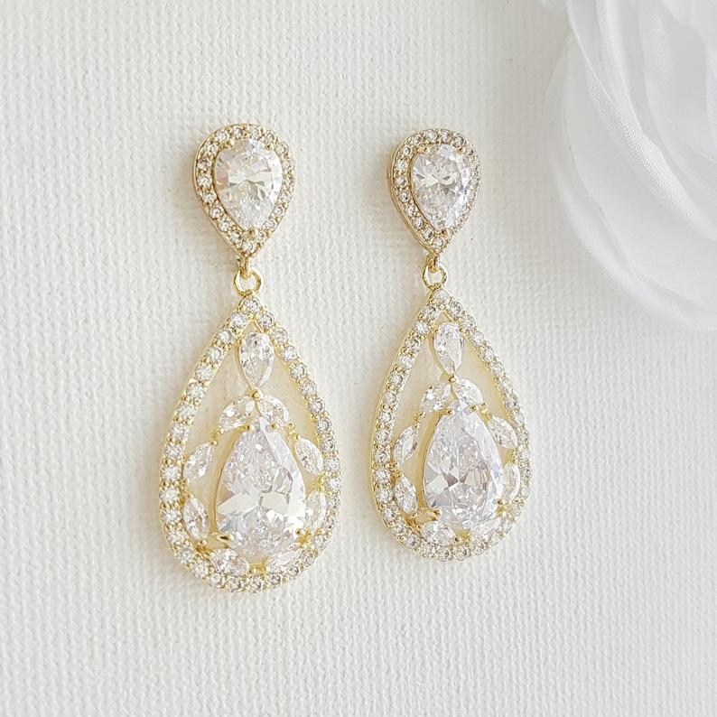Gold Plated Drop Earrings for Wedding-Esther - PoetryDesigns