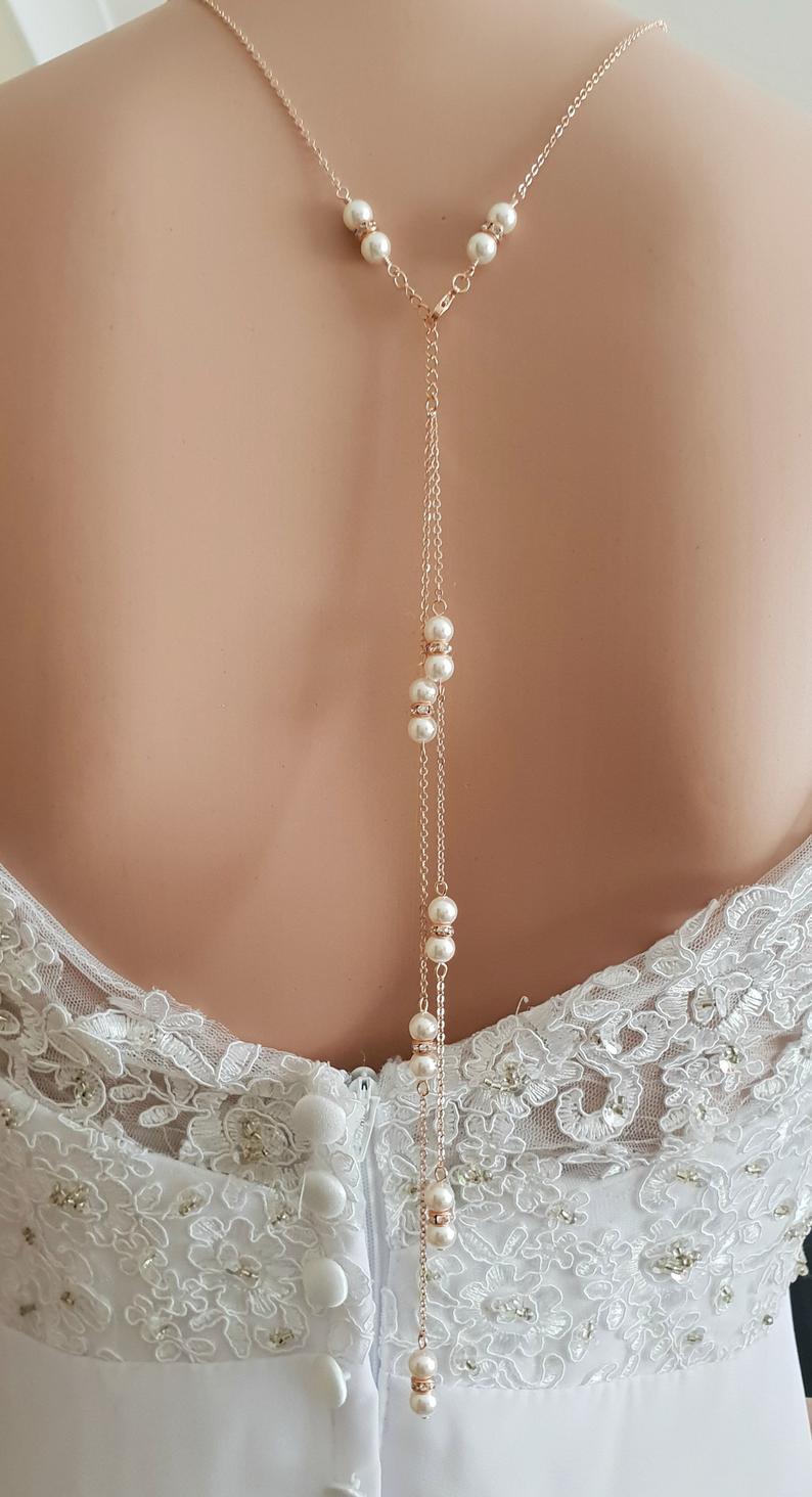 Pearl Backdrop Lariat Bridal Necklace gold silver chain white ivory