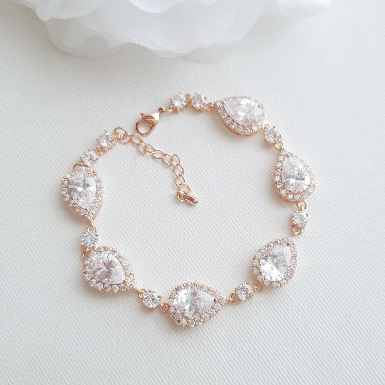 Wedding Bracelet for Brides in Teardrop Shape Cubic Zirconia Crystals-Emma - PoetryDesigns