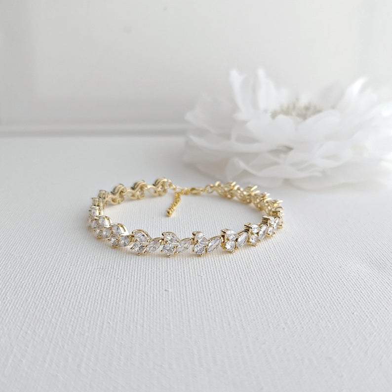 Bridal Tennis Bracelet With Gold Metal and Cubic Zirconia Leaf-Debra - PoetryDesigns