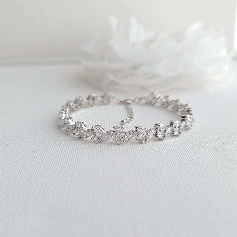 Cubic Zirconia Leaf Tennis Bridal Bracelet-Debra - PoetryDesigns