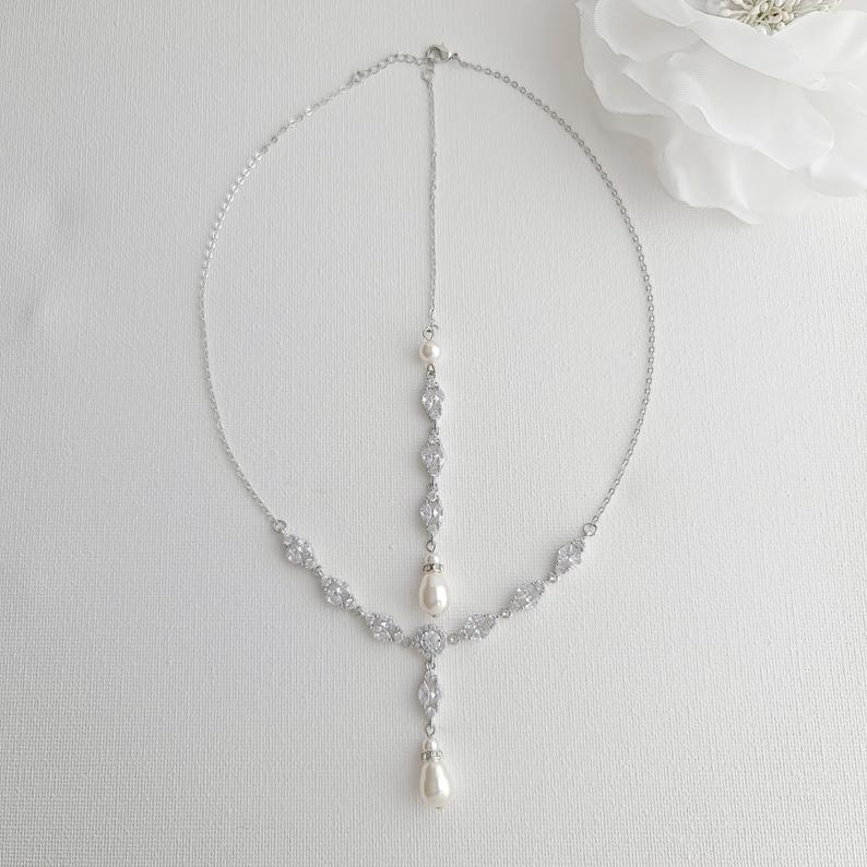 Crystal Wedding Backdrop Necklace for Women Bridal Long Cubic Zirconia  Dainty Ba | eBay