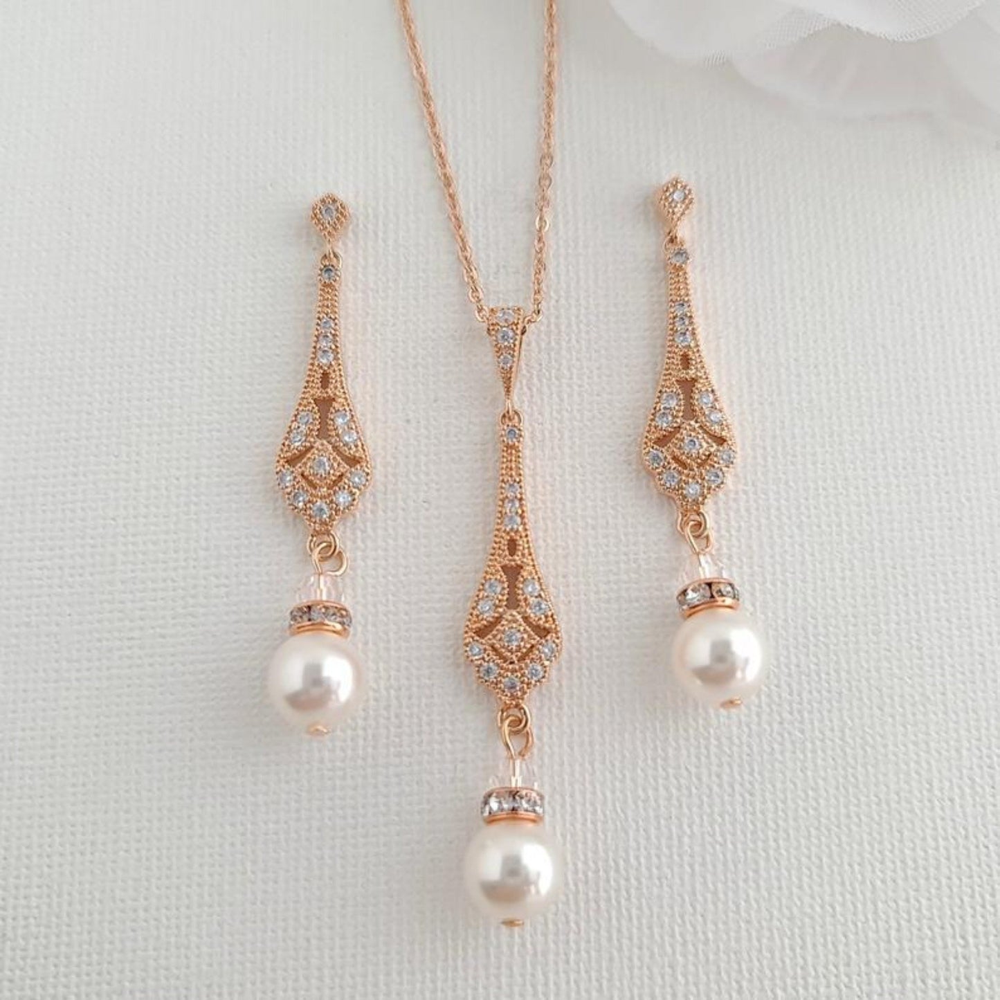 Vintage Necklace Earring Set in Rose Gold- Lisa - PoetryDesigns
