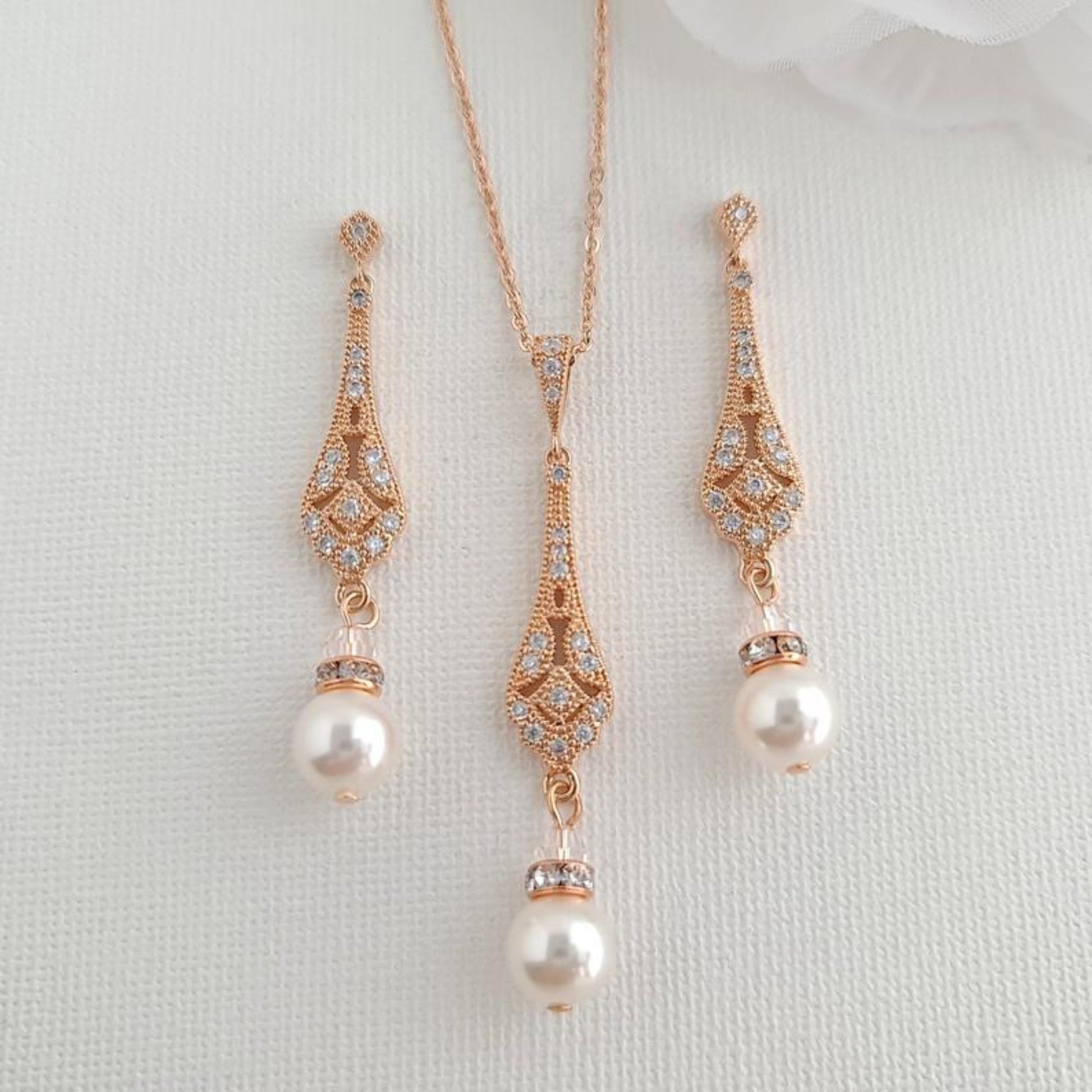 Shop Rose Gold Vintage Necklace Earring Set For Brides