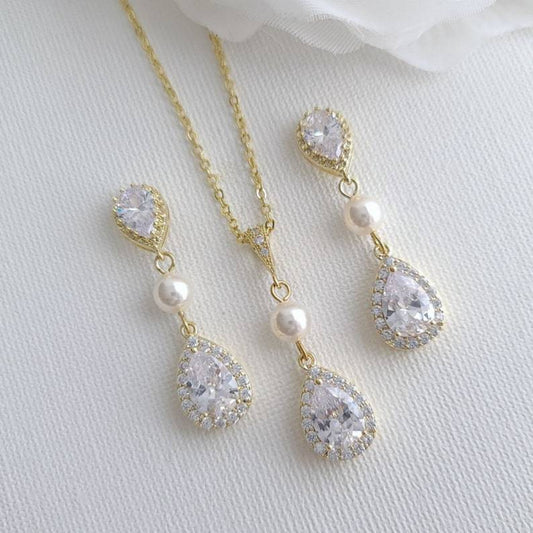 Gold Wedding Jewelry Set with Earrings & Necklace- Emma