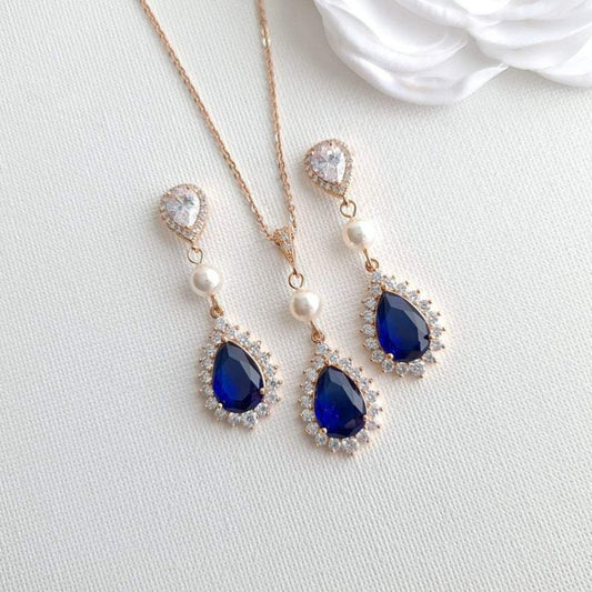 Pearl and Crystal Blue Wedding Jewelry Set for Brides-Aoi